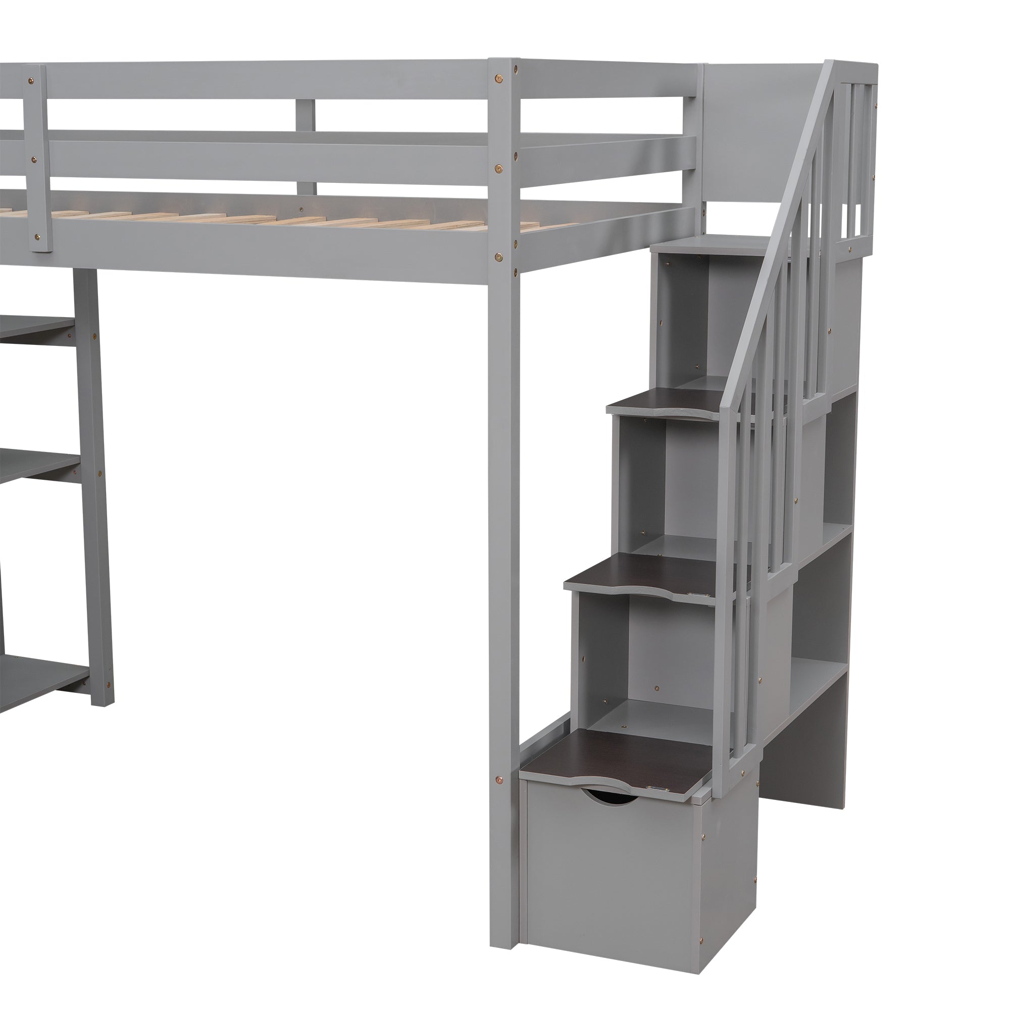 Twin size Loft Bed with Storage Drawers and Stairs, Wooden Loft Bed with Shelves - Gray