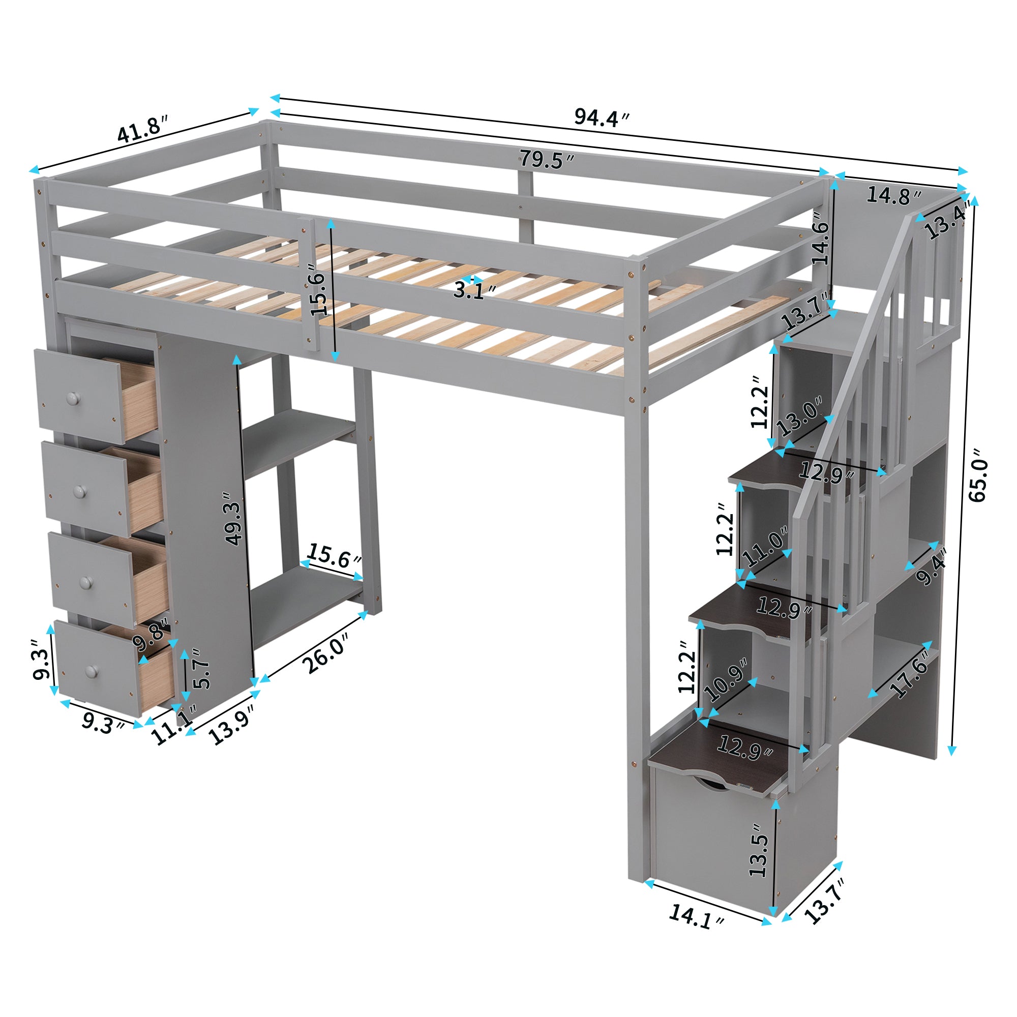 Twin size Loft Bed with Storage Drawers and Stairs, Wooden Loft Bed with Shelves - Gray