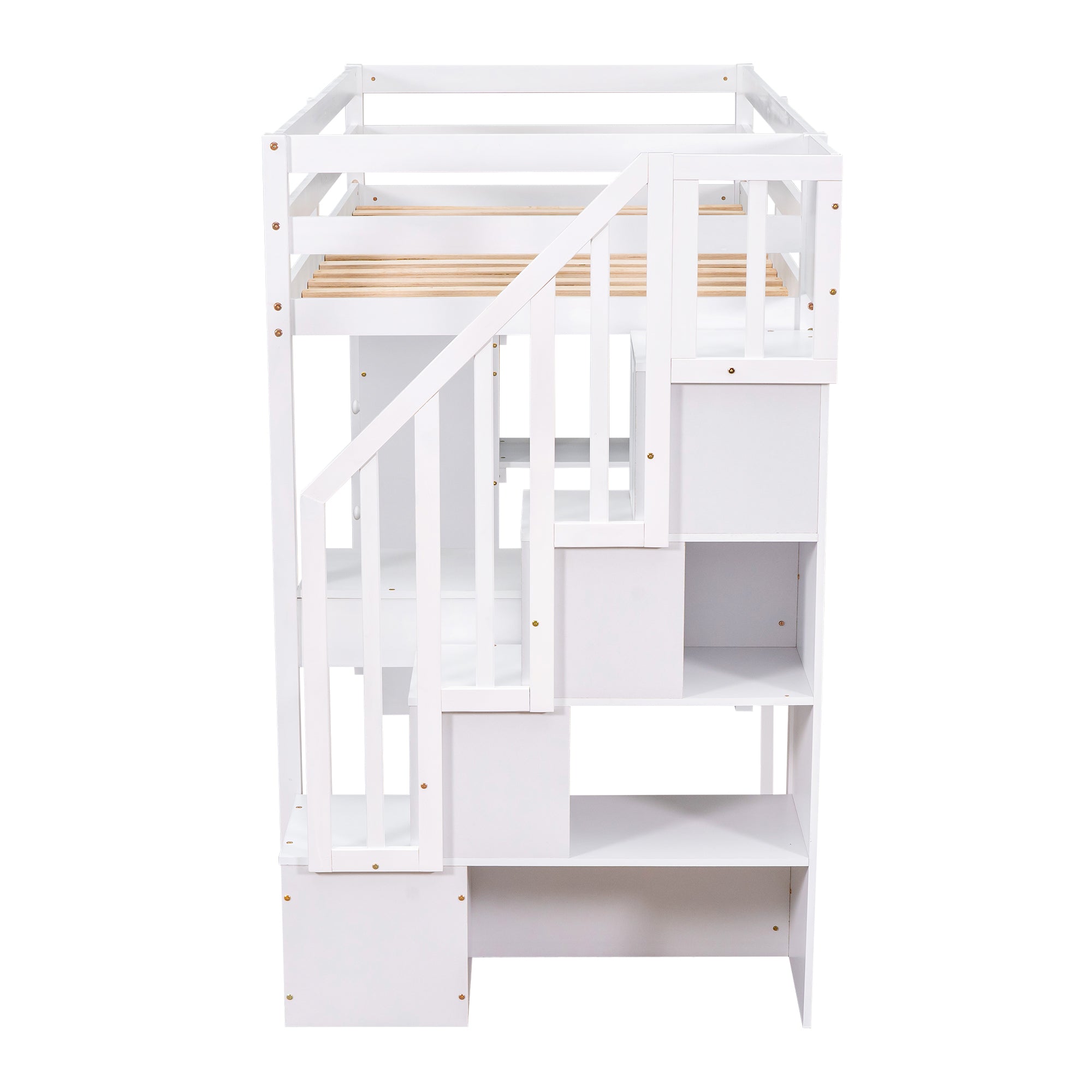 Twin size Loft Bed with Storage Drawers ,Desk and Stairs, Wooden Loft Bed with Shelves - White