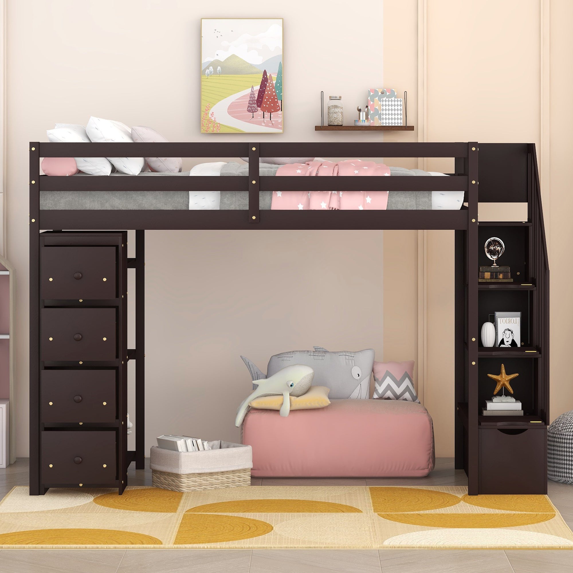 Twin size Loft Bed with Storage Drawers and Stairs, Wooden Loft Bed with Shelves - Espresso