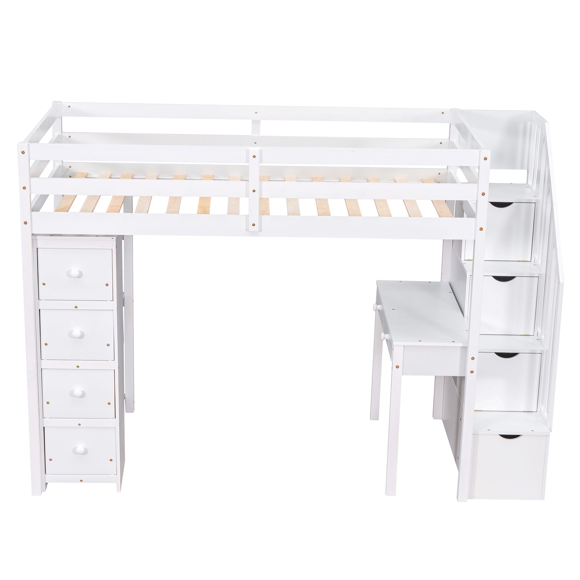 Twin size Loft Bed with Storage Drawers ,Desk and Stairs, Wooden Loft Bed with Shelves - White