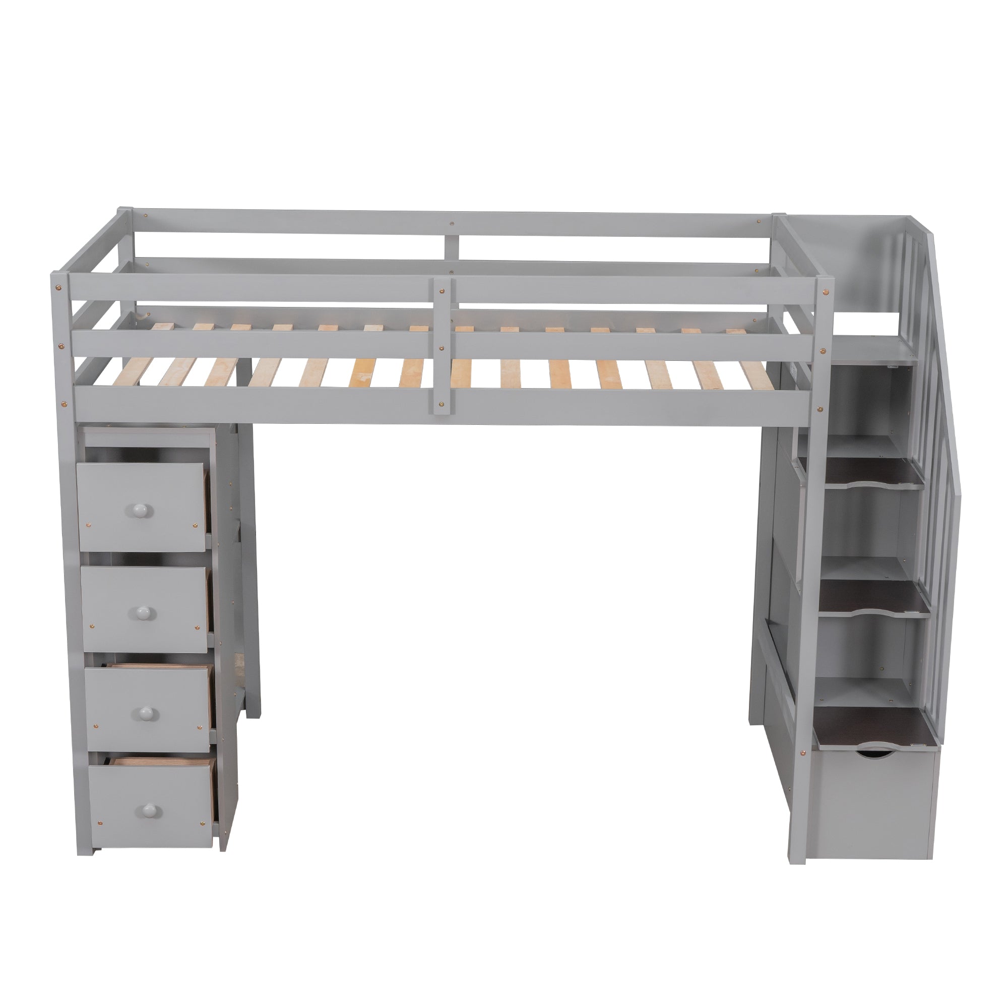 Twin size Loft Bed with Storage Drawers and Stairs, Wooden Loft Bed with Shelves - Gray