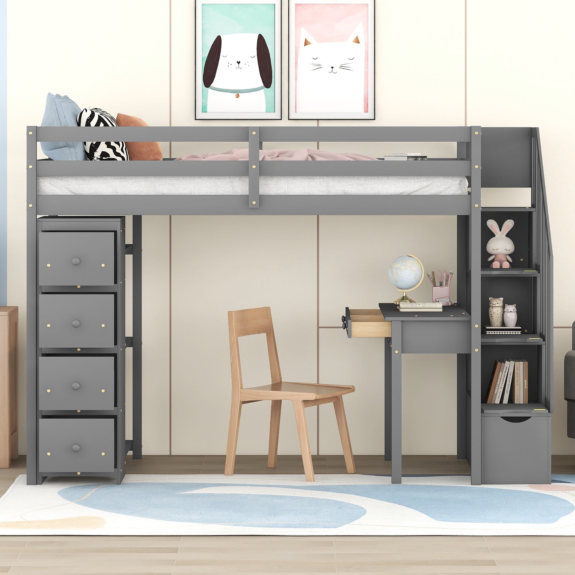 Twin size Loft Bed with Storage Drawers ,Desk and Stairs, Wooden Loft Bed with Shelves - Gray