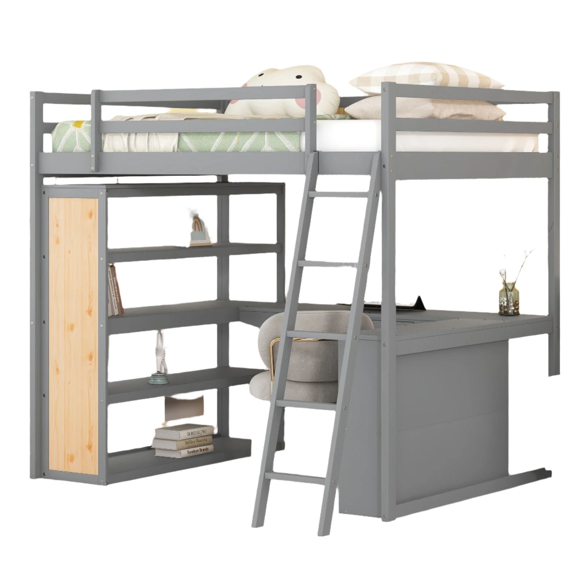 Full Size Loft Bed with Ladder, Shelves, and Desk, Gray