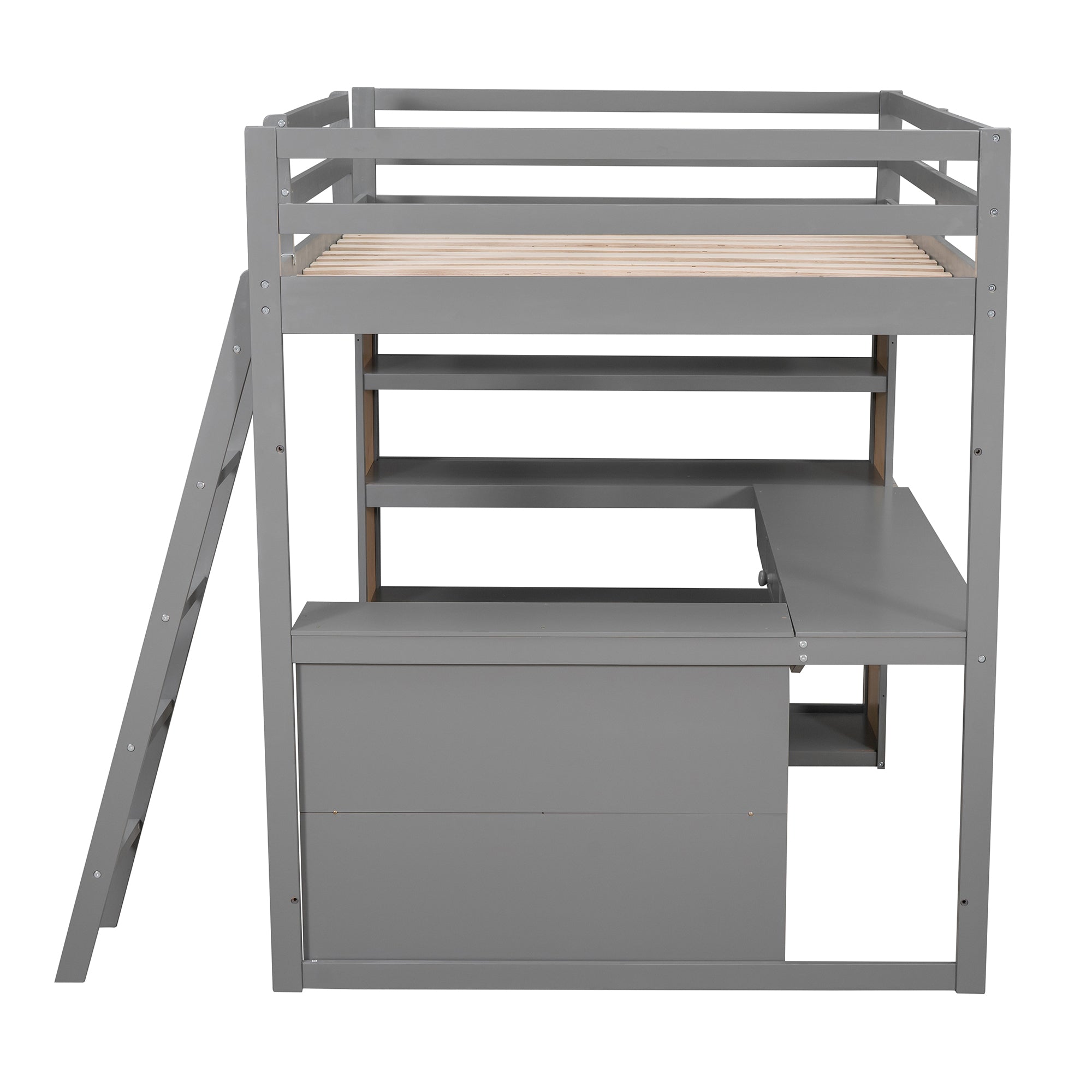 Full Size Loft Bed with Ladder, Shelves, and Desk, Gray