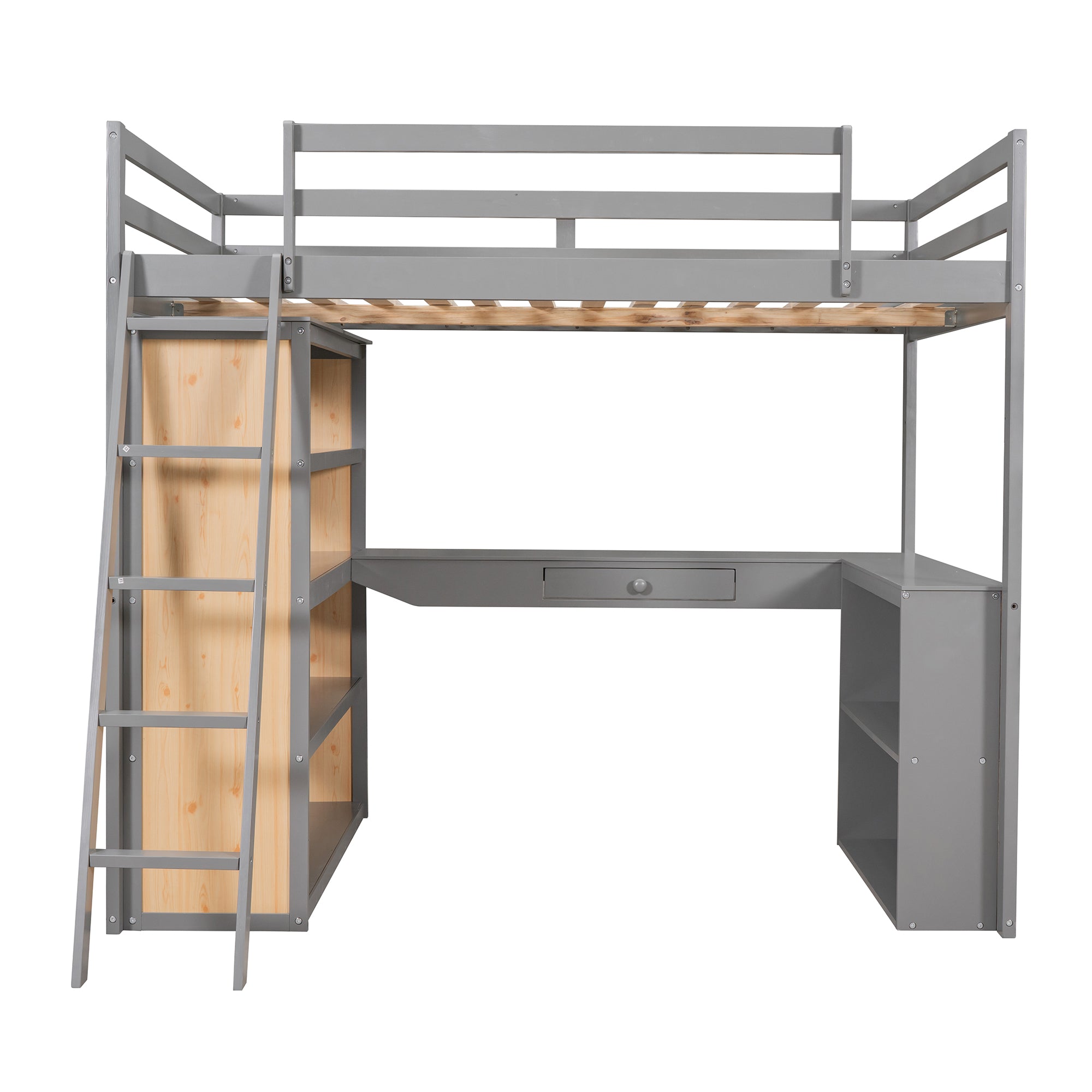 Full Size Loft Bed with Ladder, Shelves, and Desk, Gray