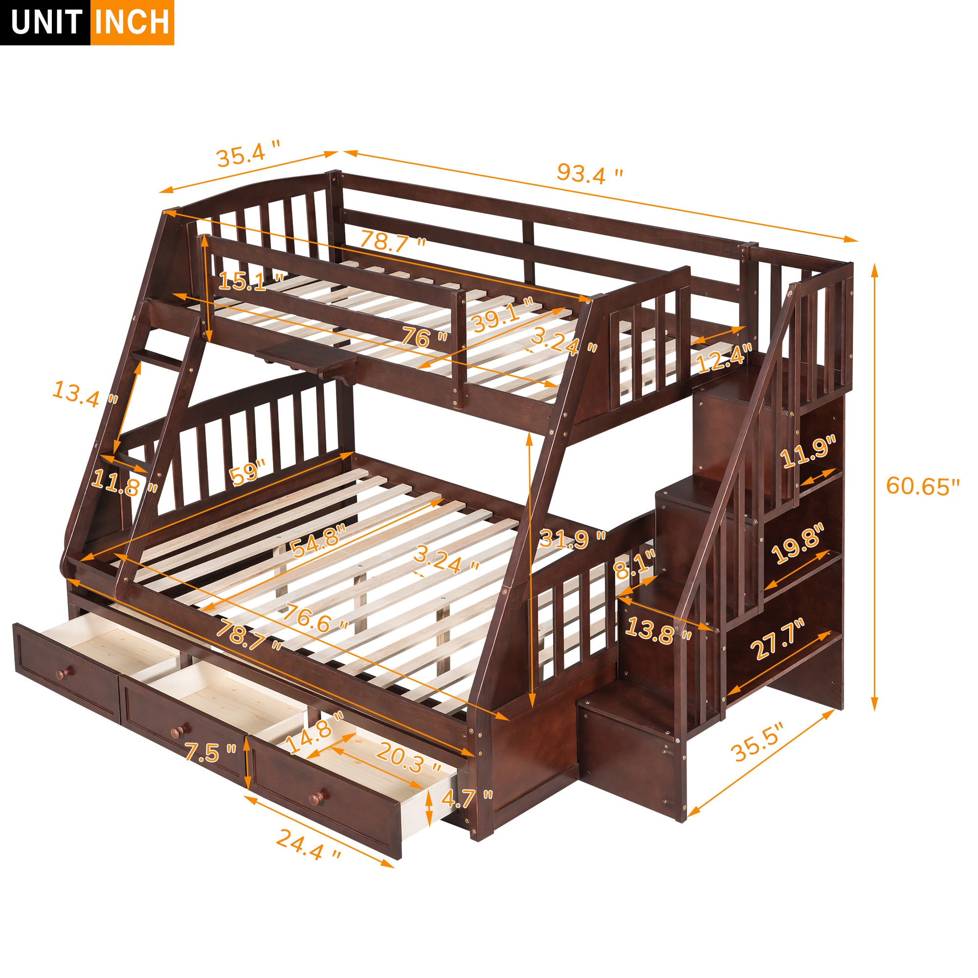 Twin-Over-Full Bunk Bed with Drawers，Ladder and Storage Staircase, Espresso