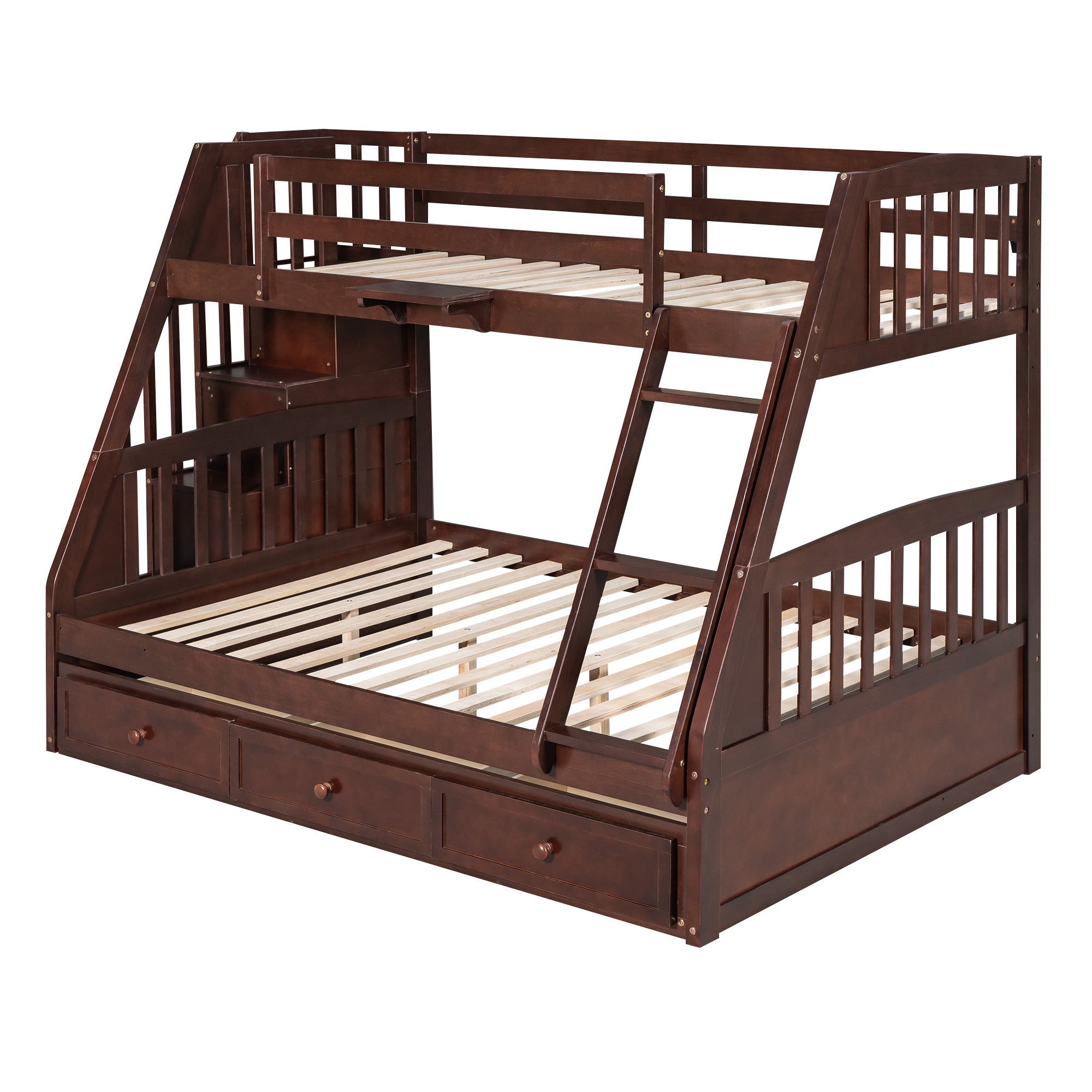 Twin-Over-Full Bunk Bed with Drawers，Ladder and Storage Staircase, Espresso