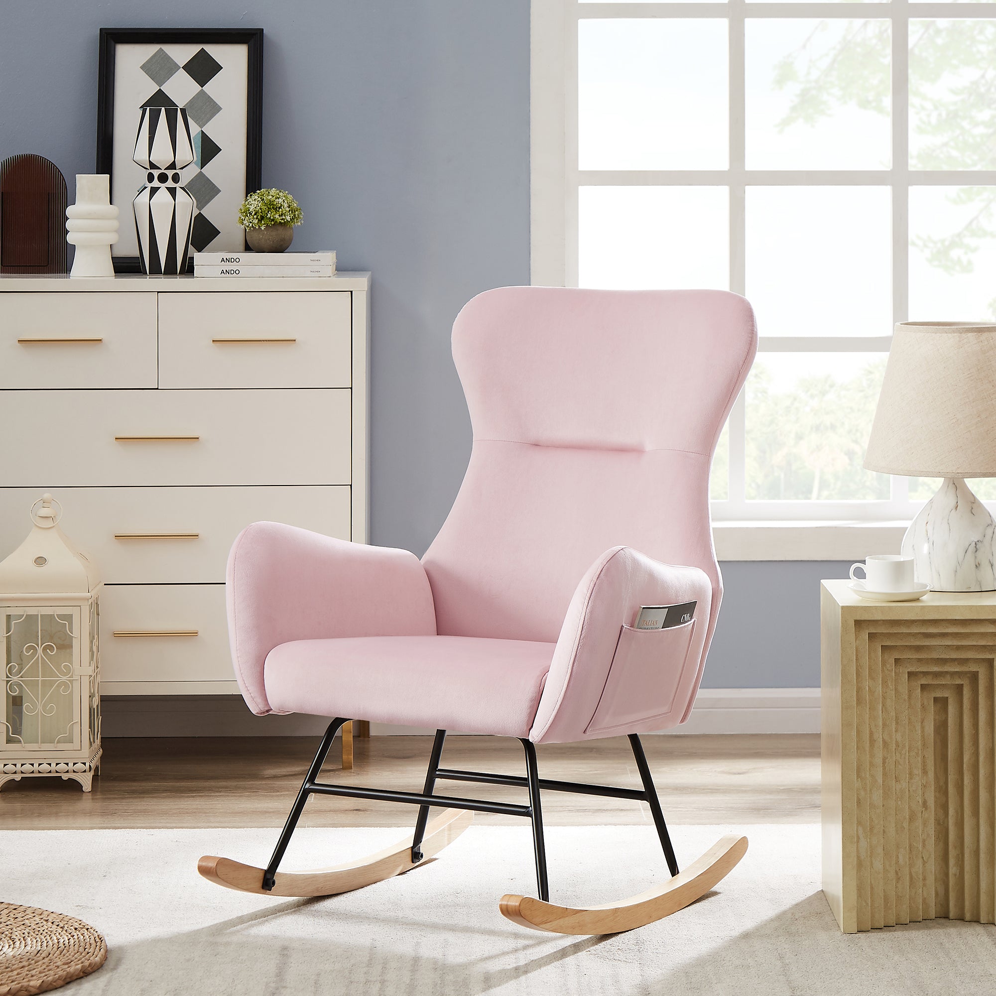 Pink velvet rocking chair