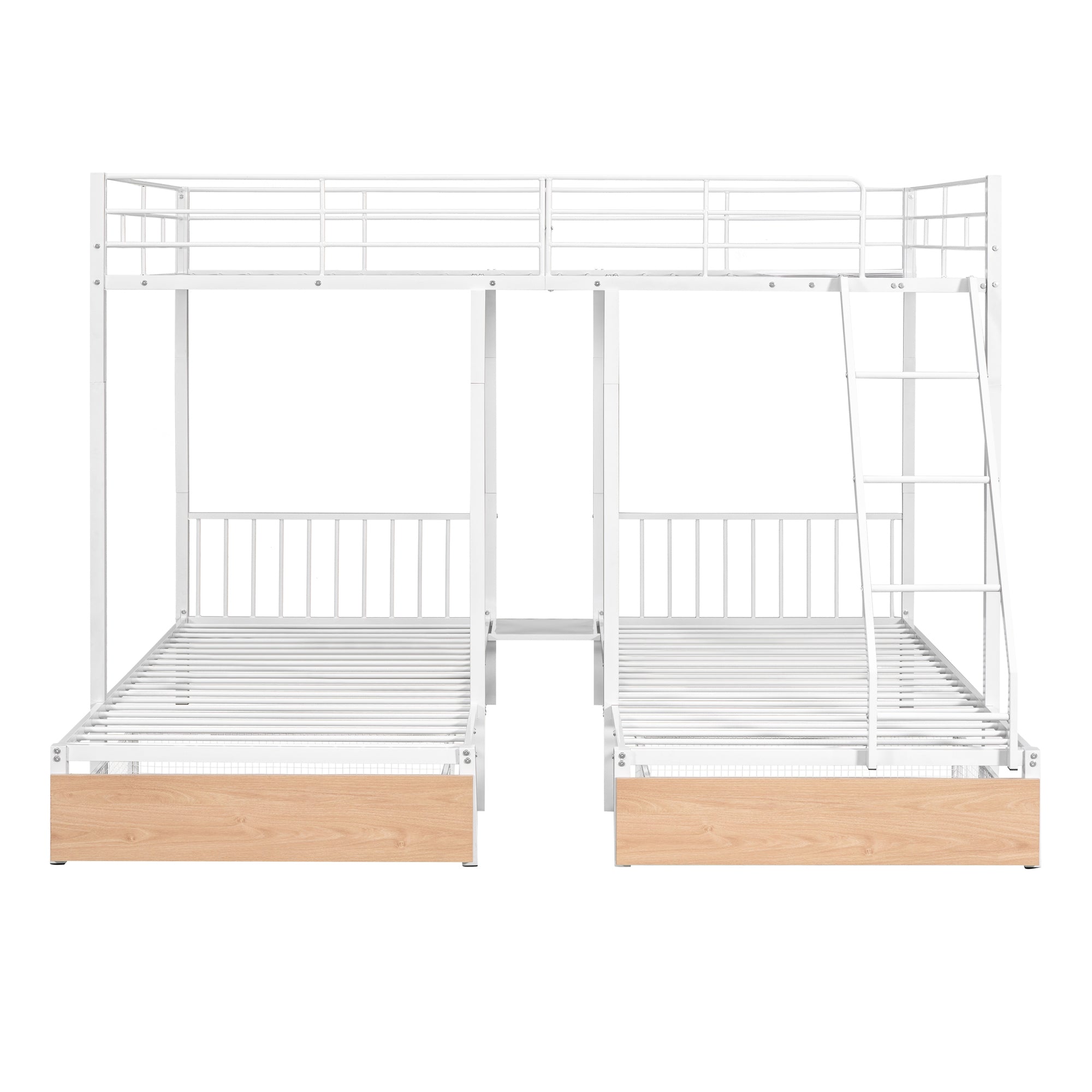 Full Over Twin & Twin Bunk Bed, Metal Triple Bunk Bed with Drawers and Guardrails, White