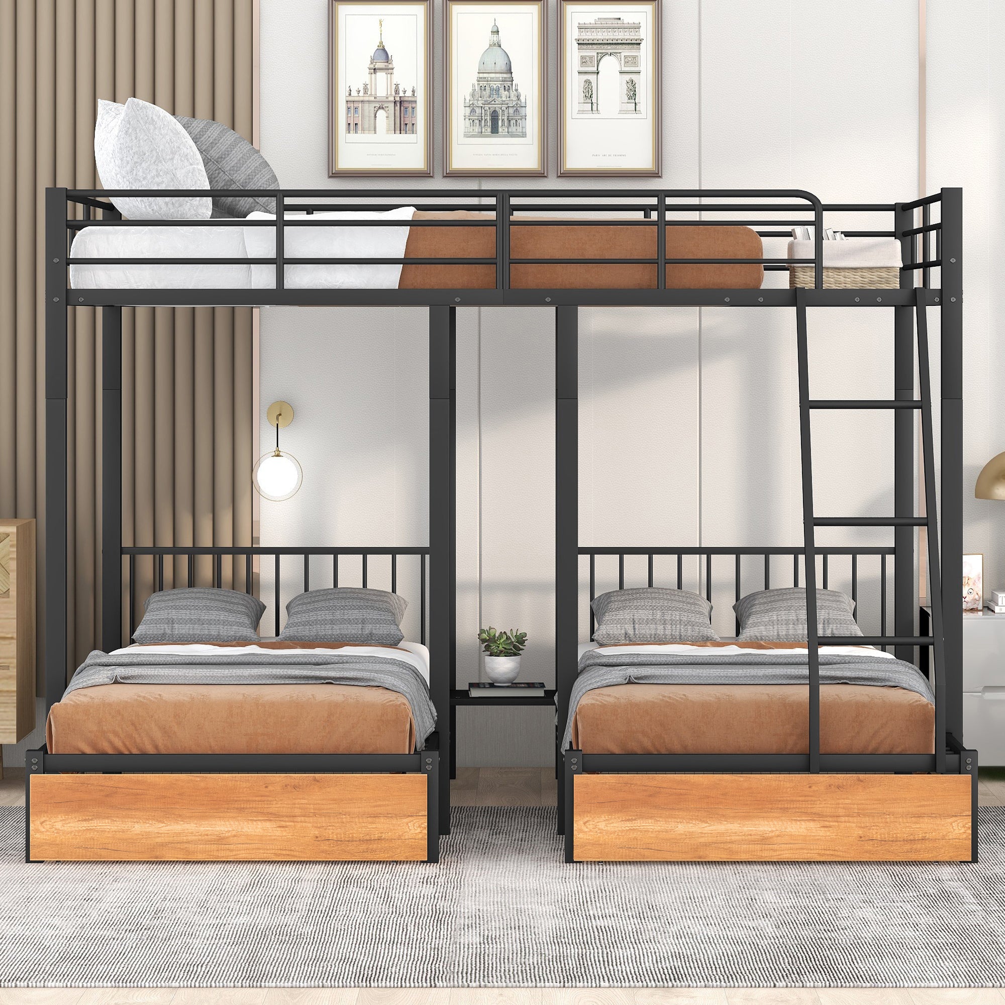 Full Over Twin & Twin Bunk Bed, Metal Triple Bunk Bed with Drawers and Guardrails, Black