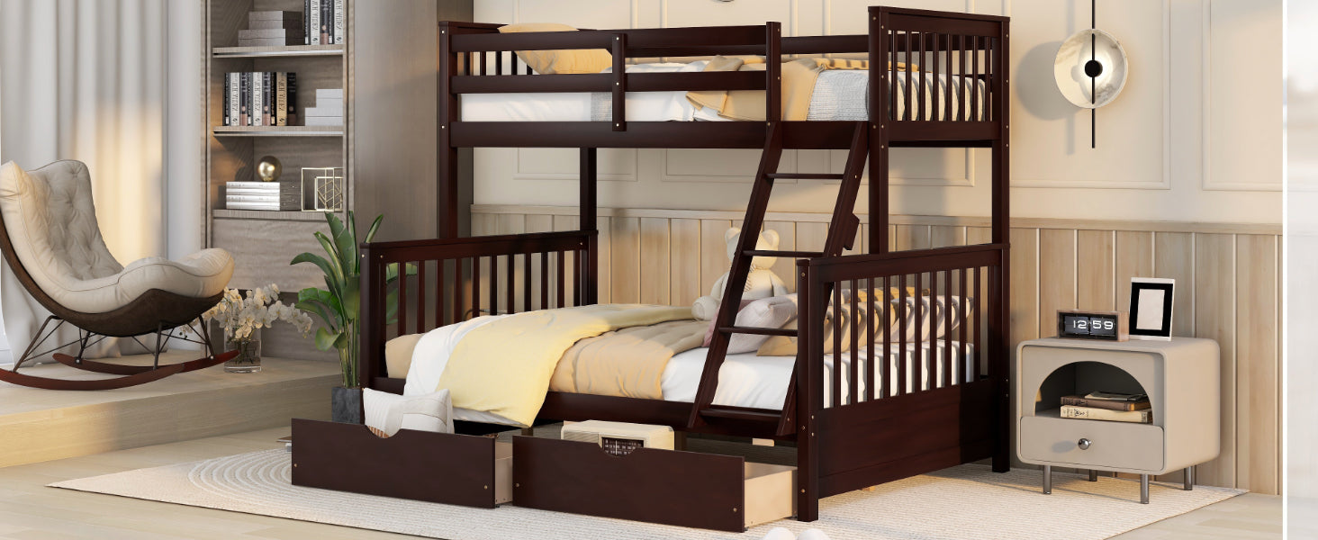 Twin-Over-Full Bunk Bed with Ladders and Two Storage Drawers(Espresso)