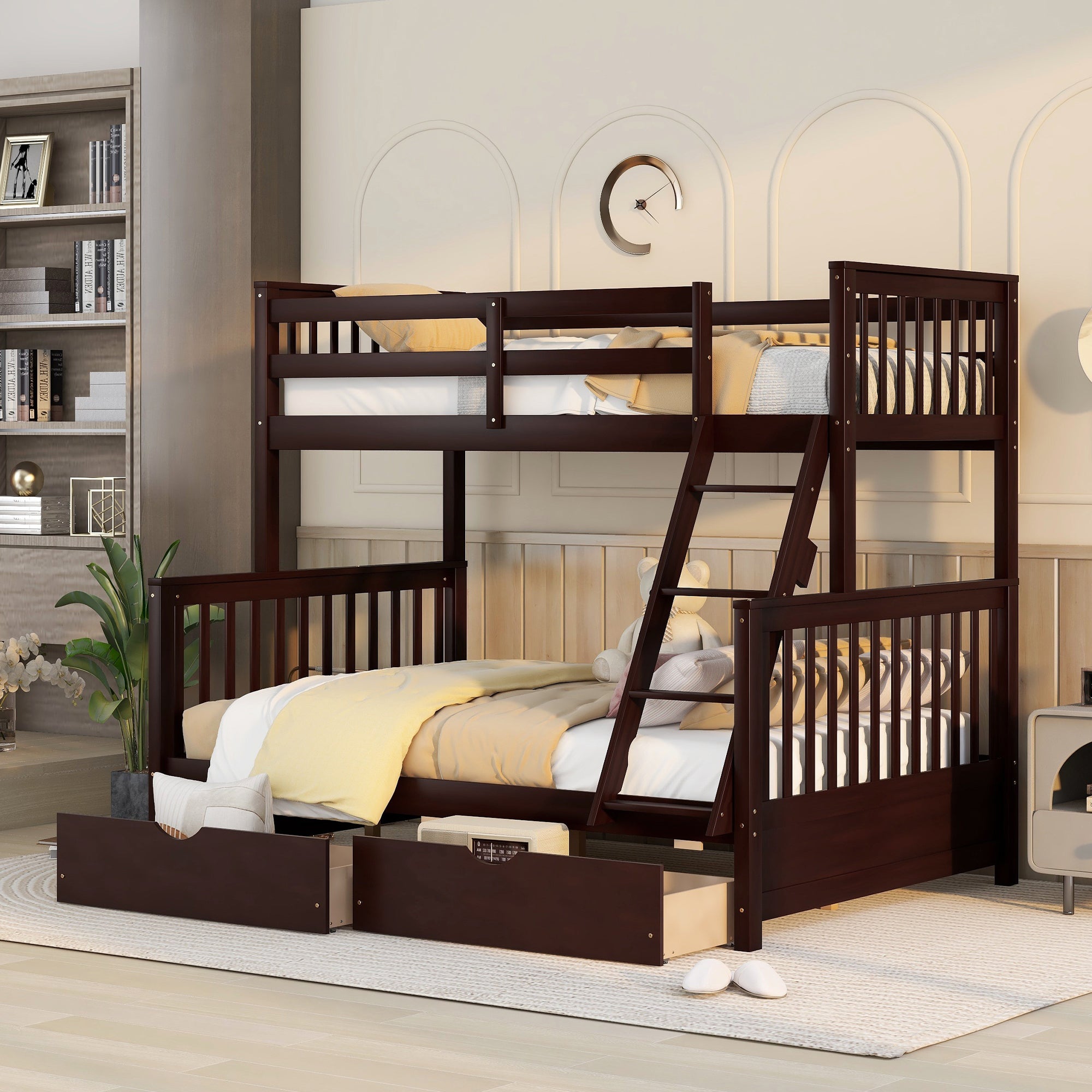 Twin-Over-Full Bunk Bed with Ladders and Two Storage Drawers(Espresso)