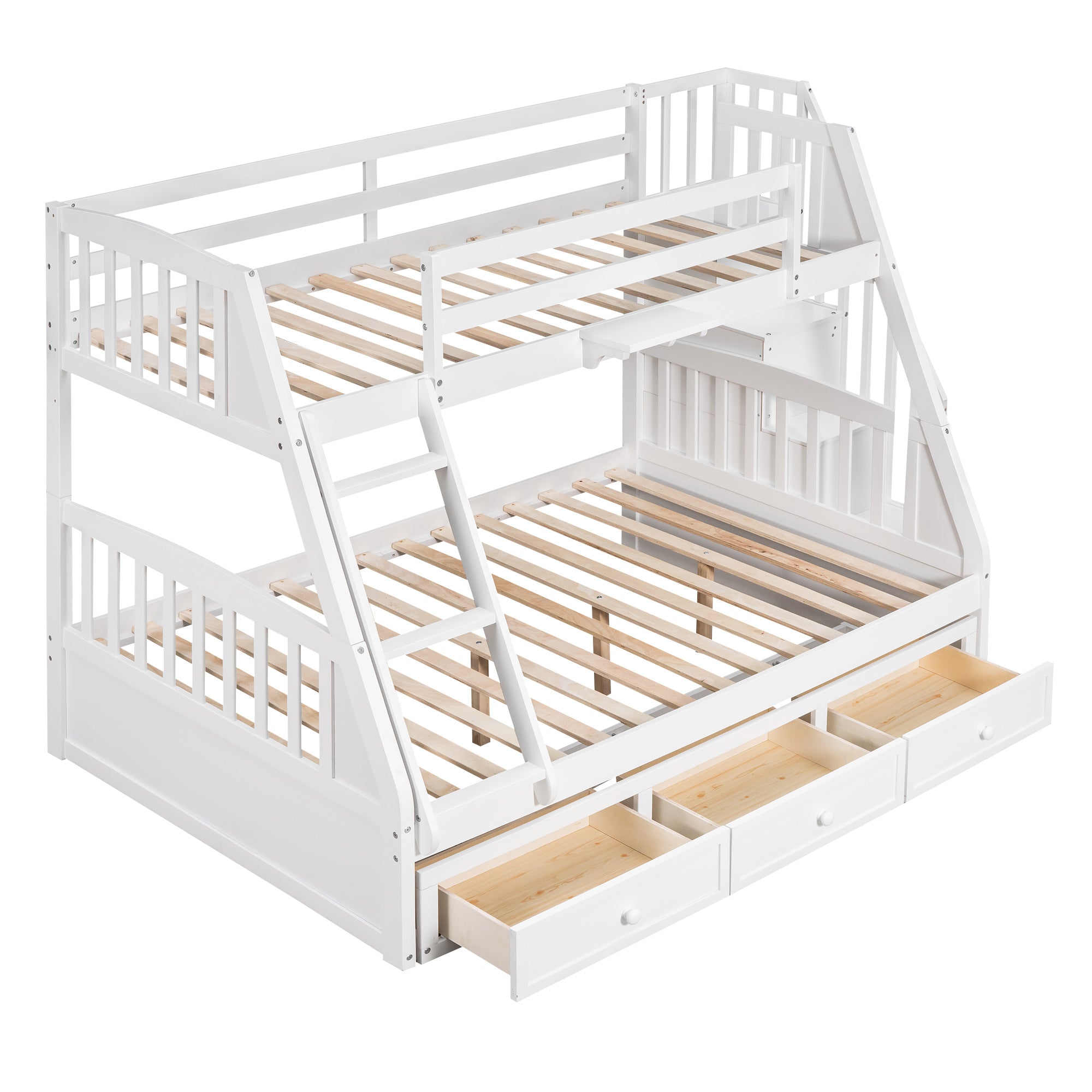 Twin-Over-Full Bunk Bed with Drawers，Ladder and Storage Staircase, White