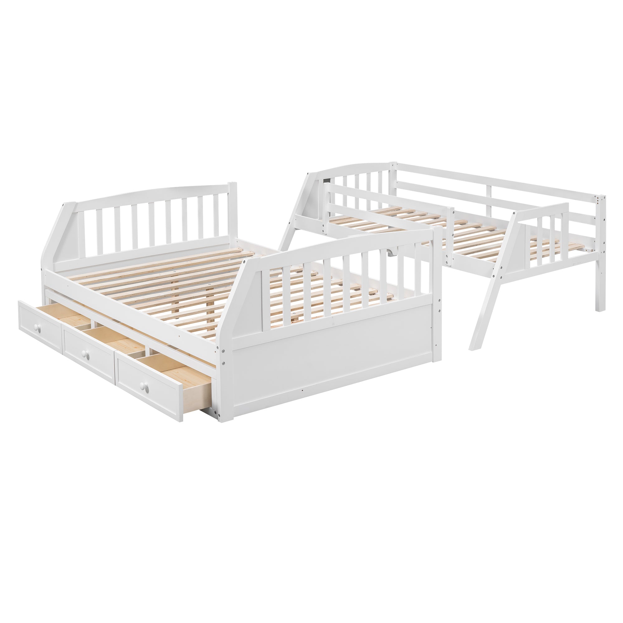 Twin-Over-Full Bunk Bed with Drawers，Ladder and Storage Staircase, White