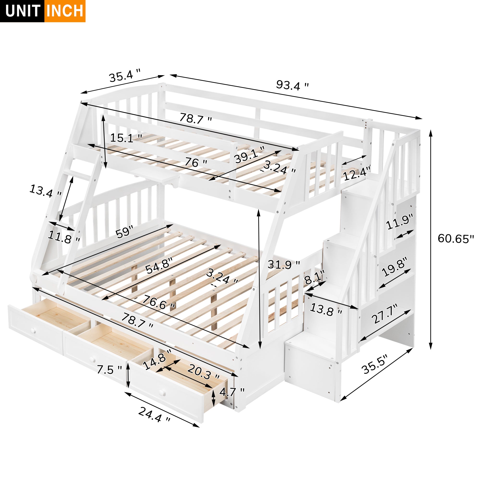 Twin-Over-Full Bunk Bed with Drawers，Ladder and Storage Staircase, White