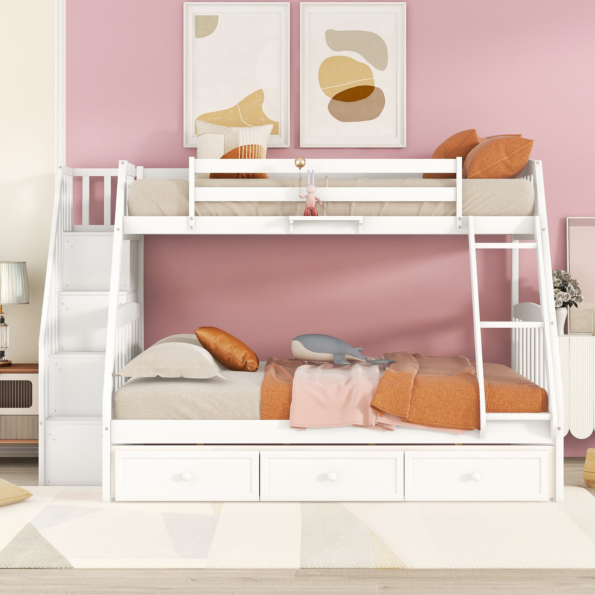 Twin-Over-Full Bunk Bed with Drawers，Ladder and Storage Staircase, White