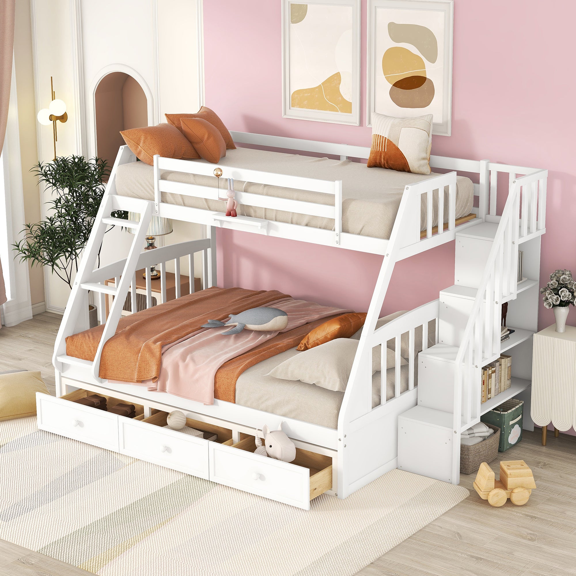 Twin-Over-Full Bunk Bed with Drawers，Ladder and Storage Staircase, White