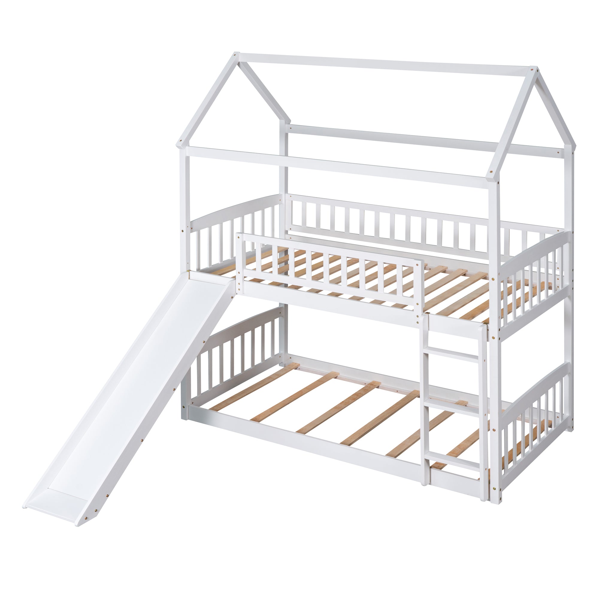 Twin Over Twin Bunk Bed with Slide, House Bed with Slide, White