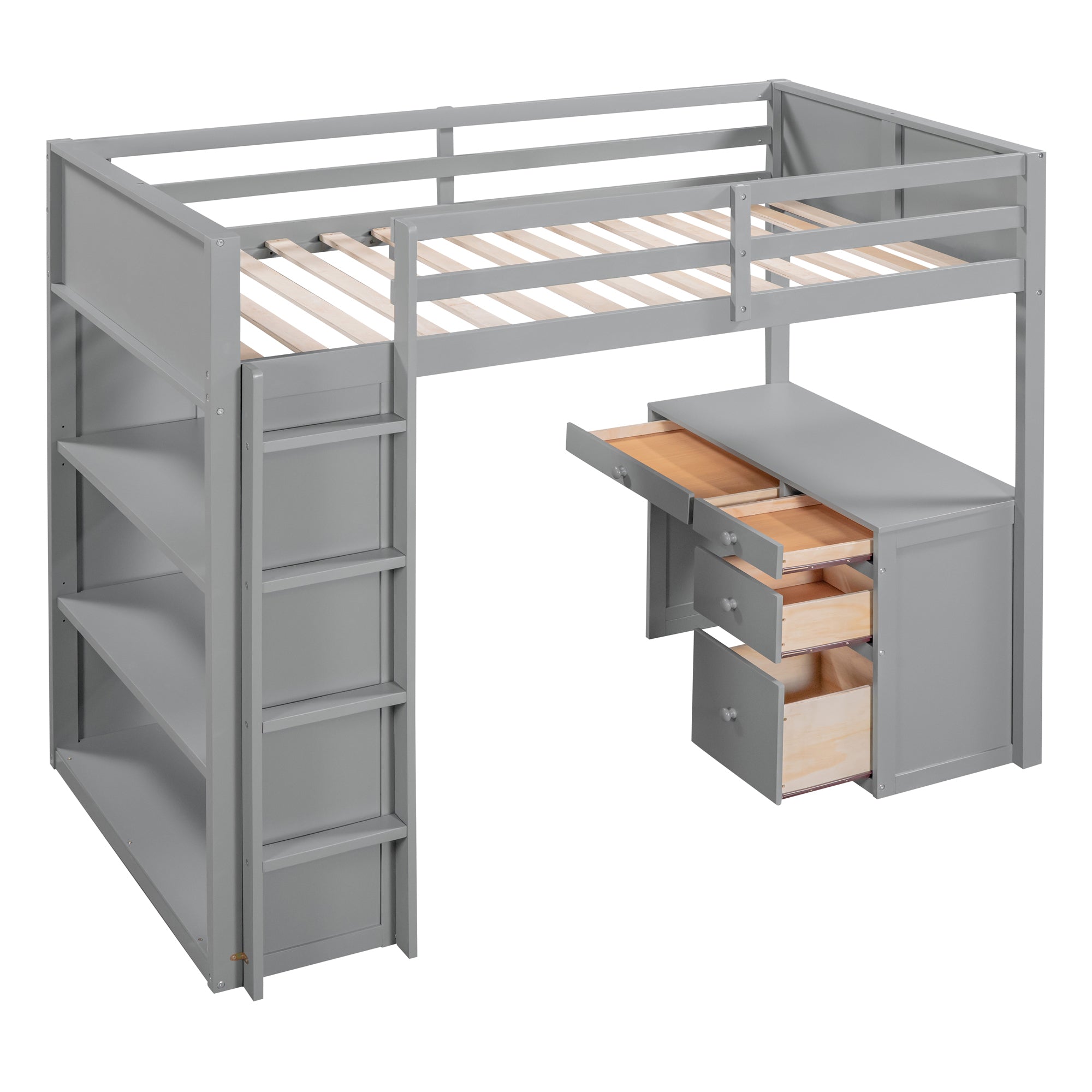 Twin Size Loft Bed with Ladder, Shelves, and Desk, Gray