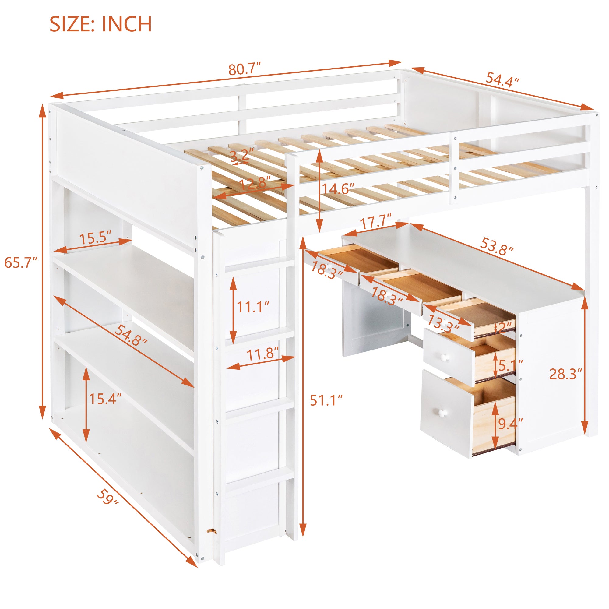 Full Size Loft Bed with Ladder, Shelves, and Desk, White