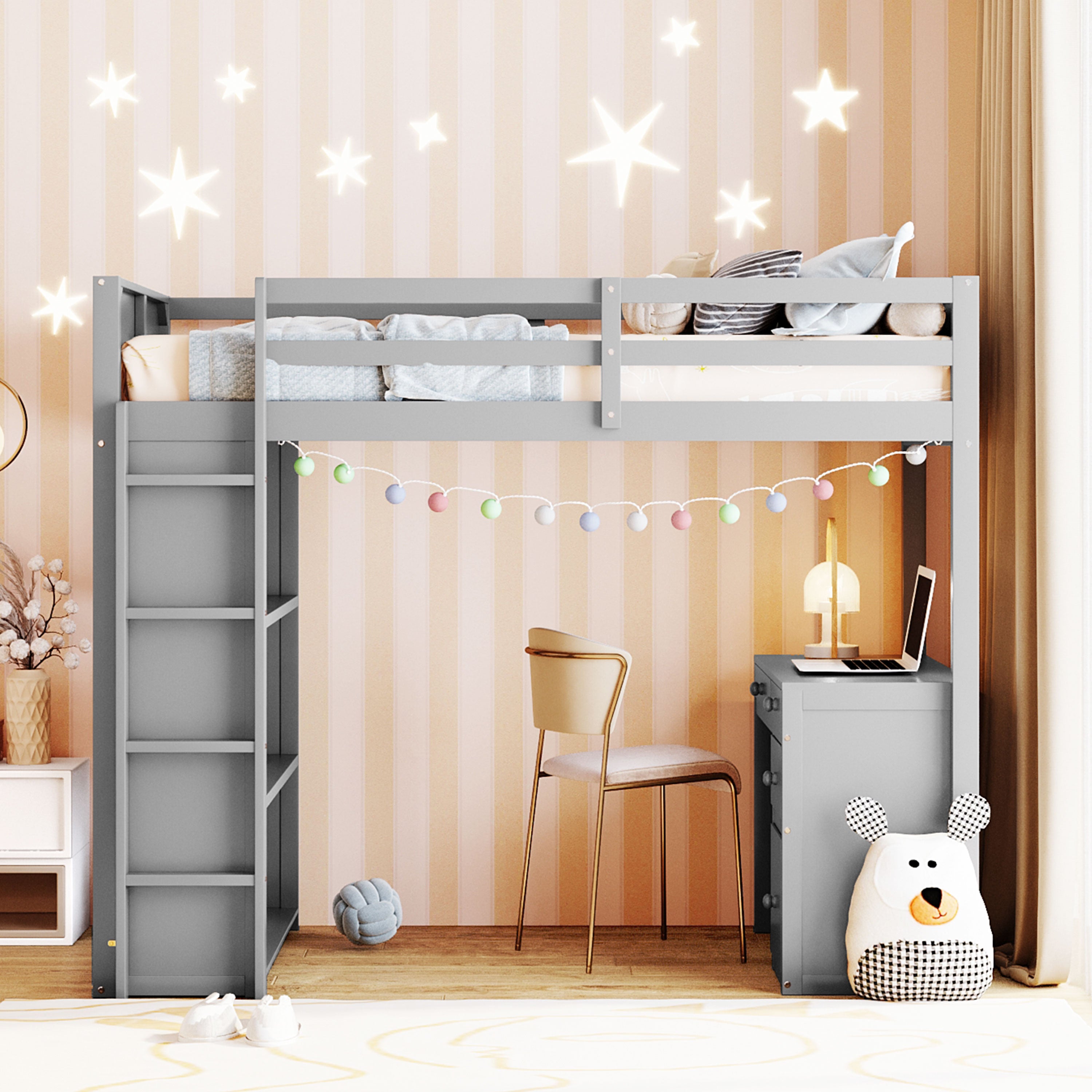 Twin Size Loft Bed with Ladder, Shelves, and Desk, Gray