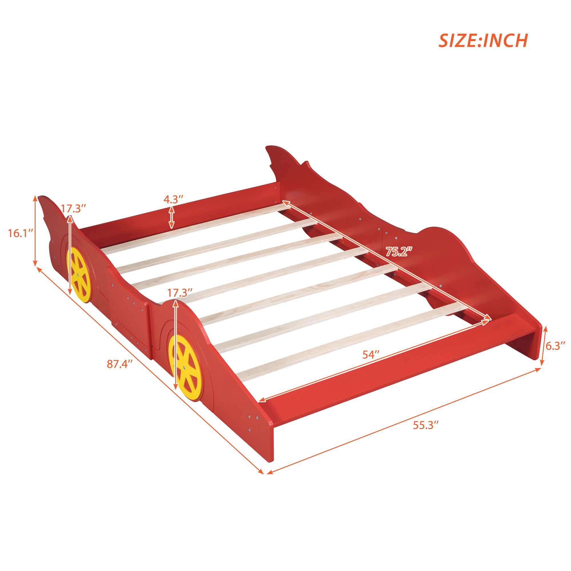 Full Size Race Car-Shaped Platform Bed with Wheels, Red