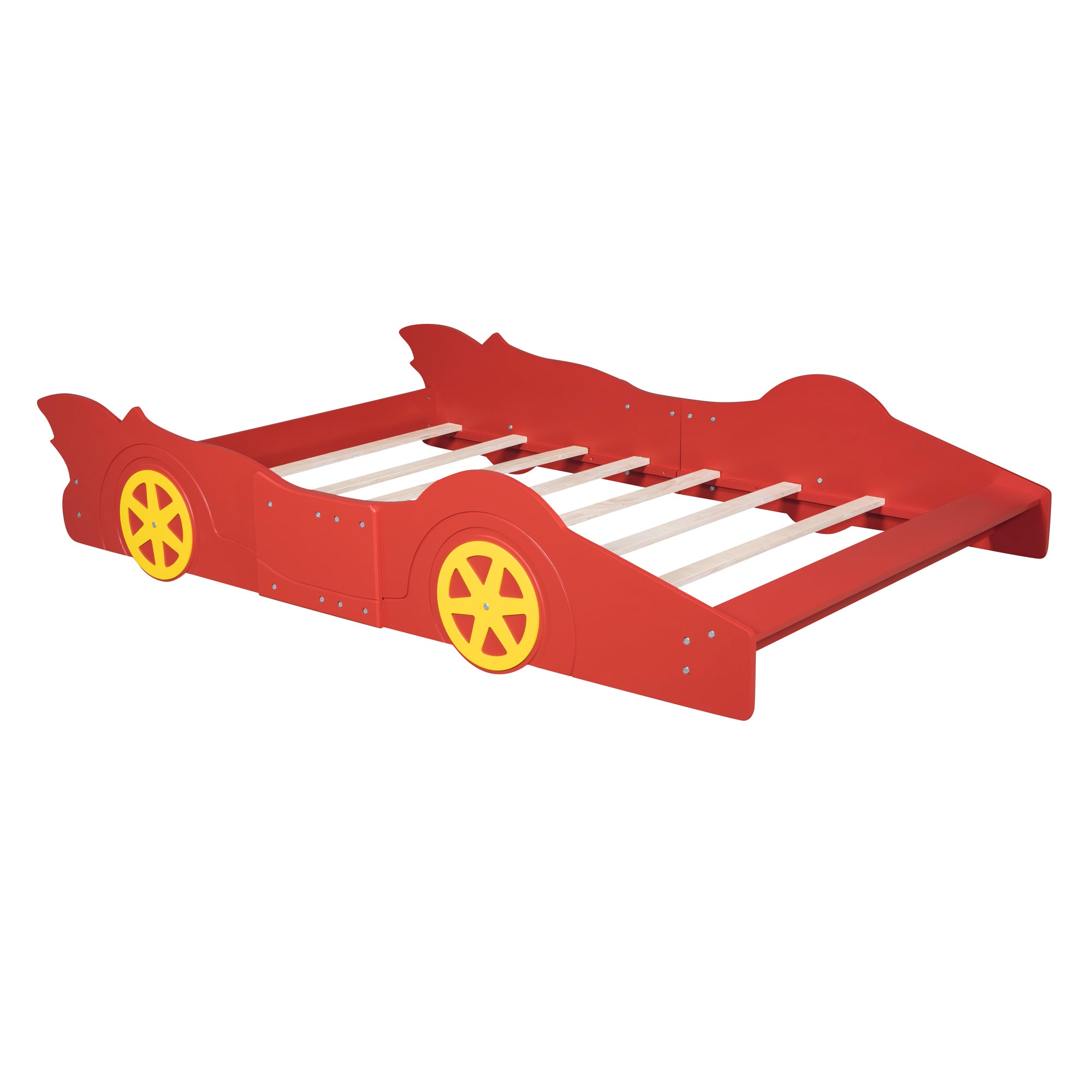 Full Size Race Car-Shaped Platform Bed with Wheels, Red