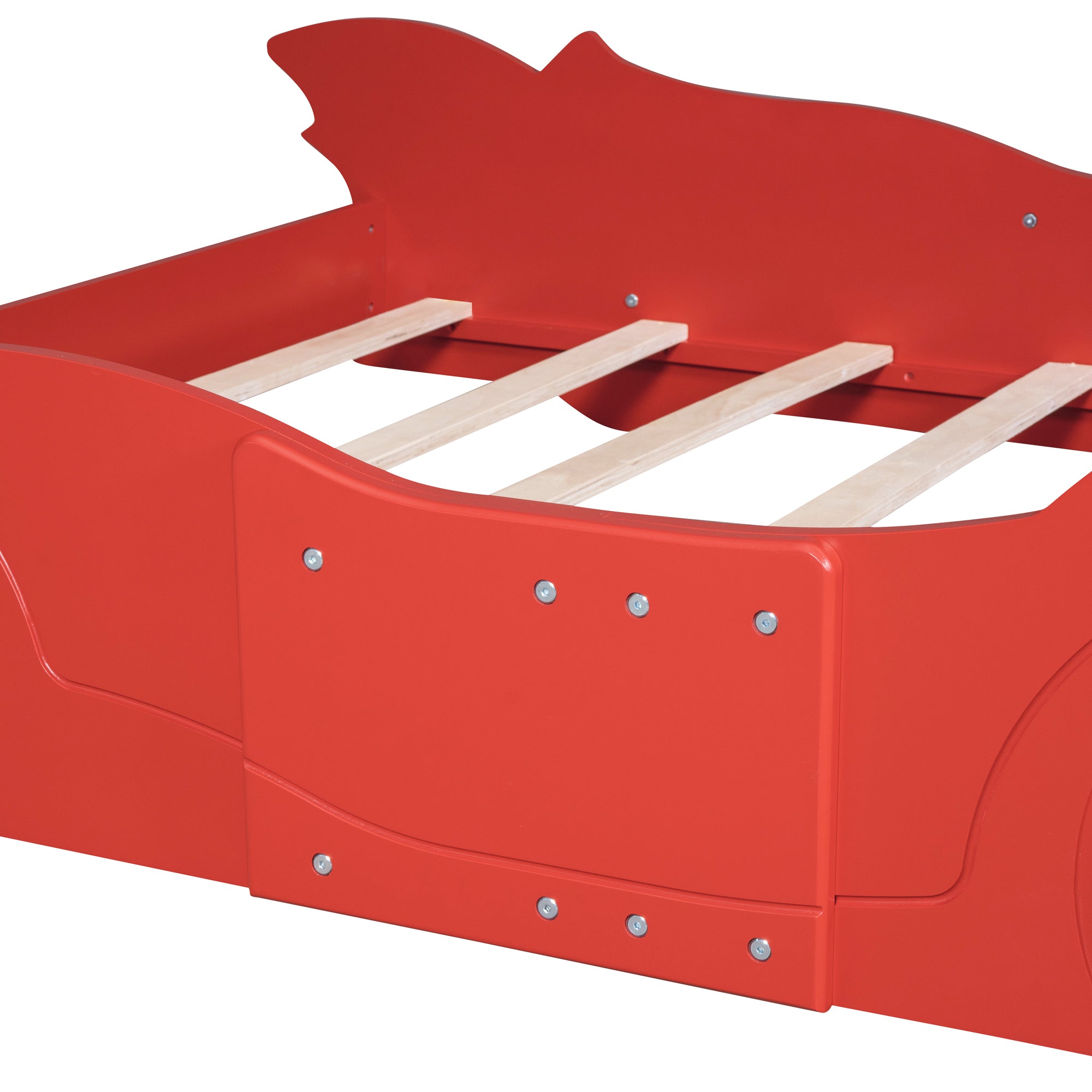 Full Size Race Car-Shaped Platform Bed with Wheels, Red