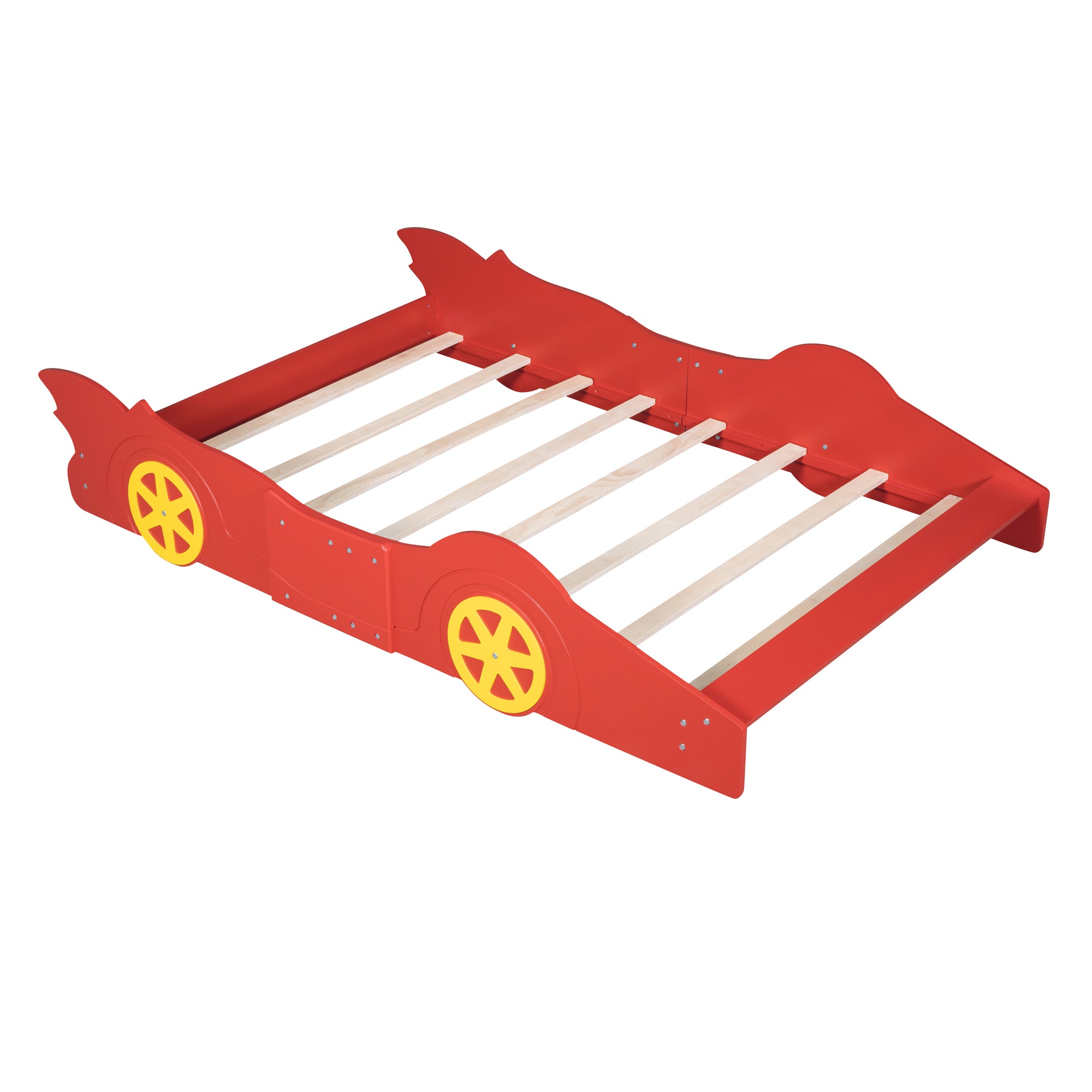 Full Size Race Car-Shaped Platform Bed with Wheels, Red