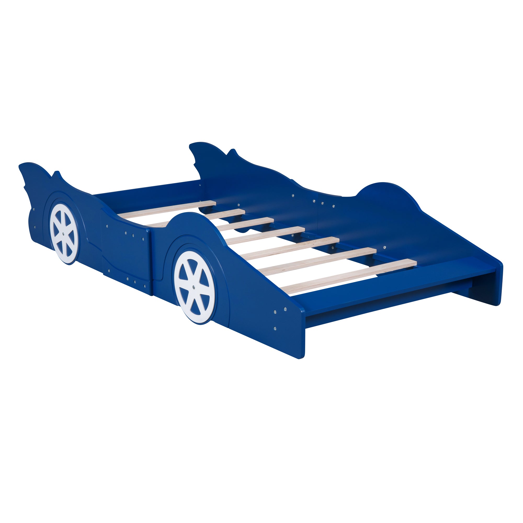 Twin Size Race Car-Shaped Platform Bed with Wheels,Blue