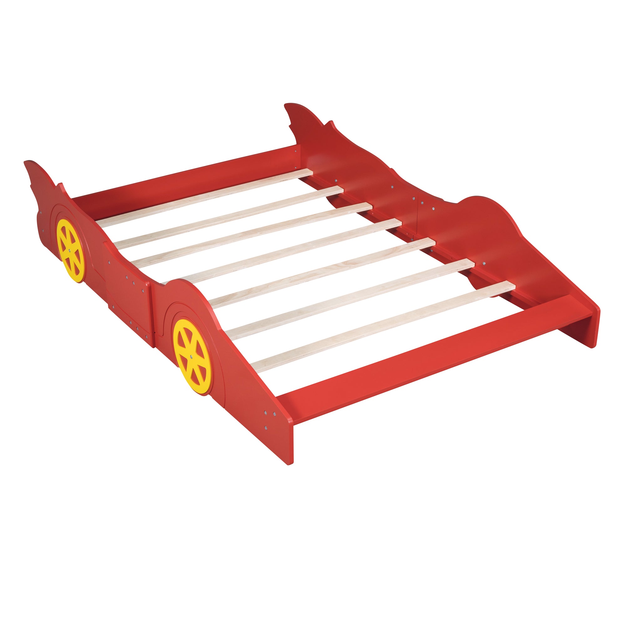 Full Size Race Car-Shaped Platform Bed with Wheels, Red