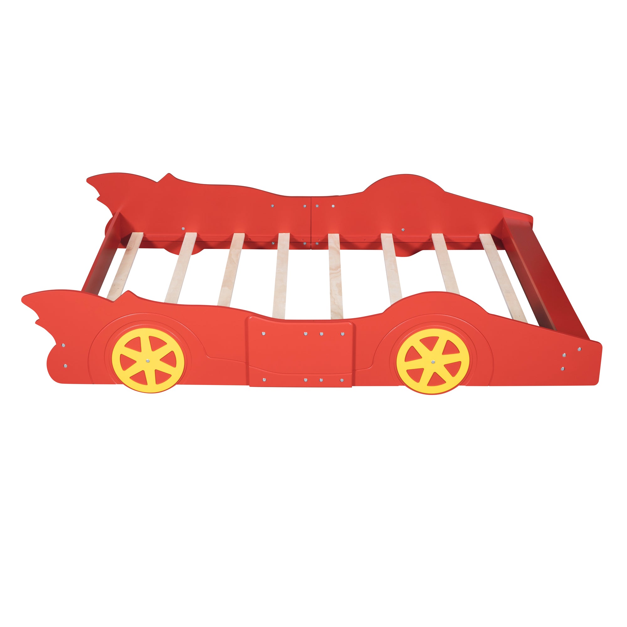 Full Size Race Car-Shaped Platform Bed with Wheels, Red