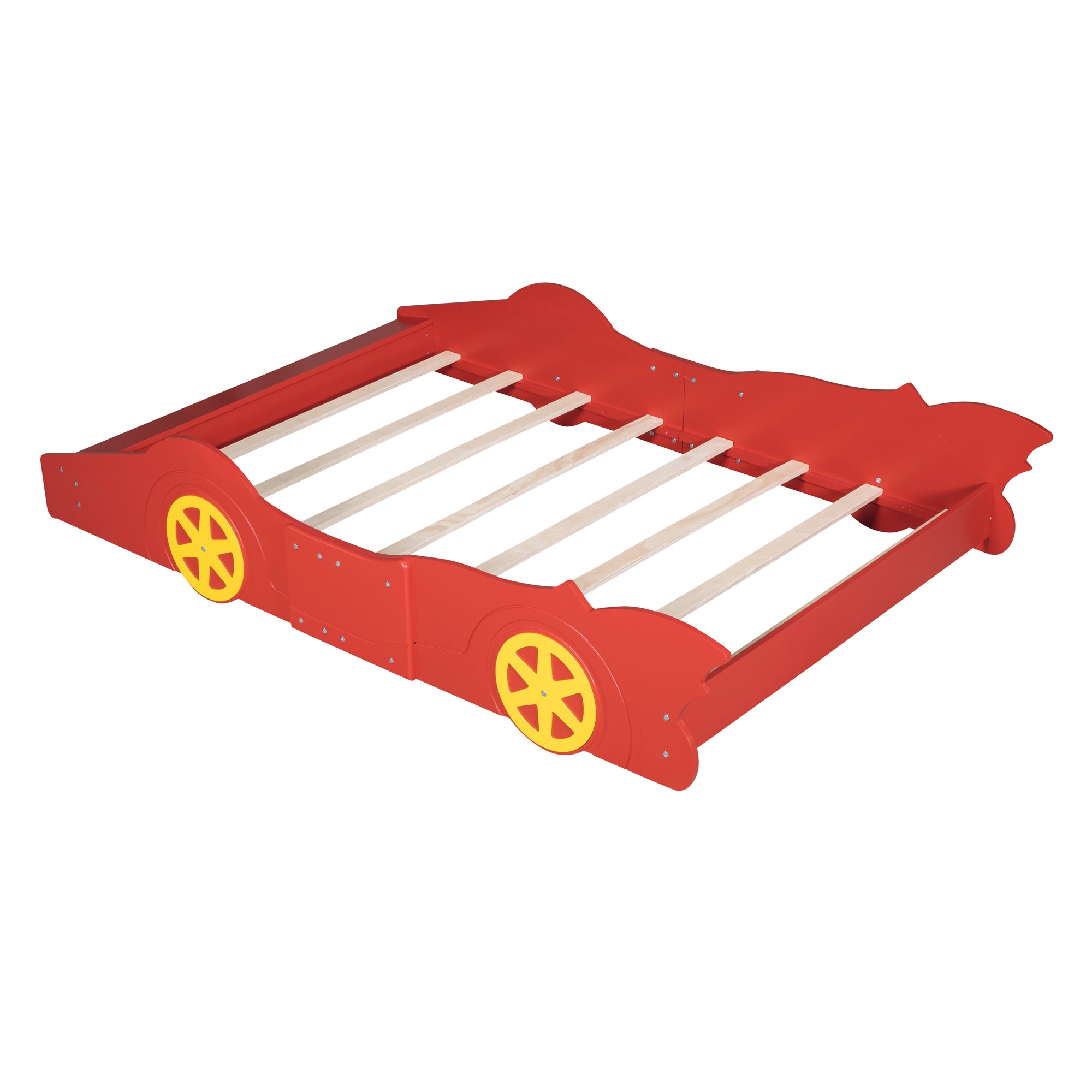 Full Size Race Car-Shaped Platform Bed with Wheels, Red