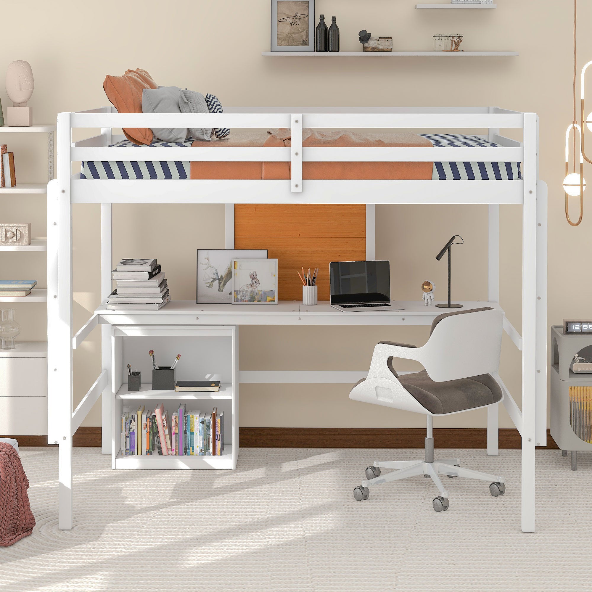 Full size Loft Bed with Desk and Writing Board, Wooden Loft Bed with Desk & 2 Drawers Cabinet- White