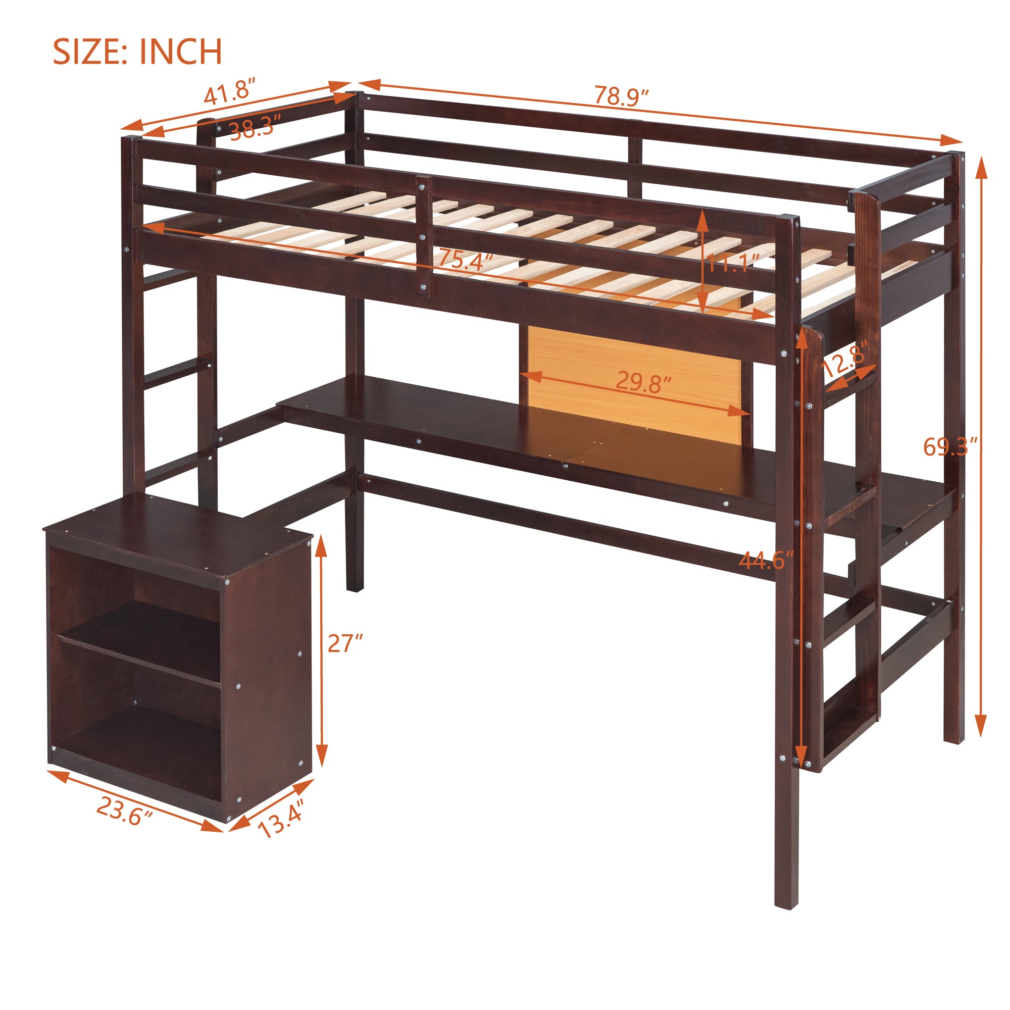 Twin size Loft Bed with Desk and Writing Board, Wooden Loft Bed with Desk & 2 Drawers Cabinet- Espresso