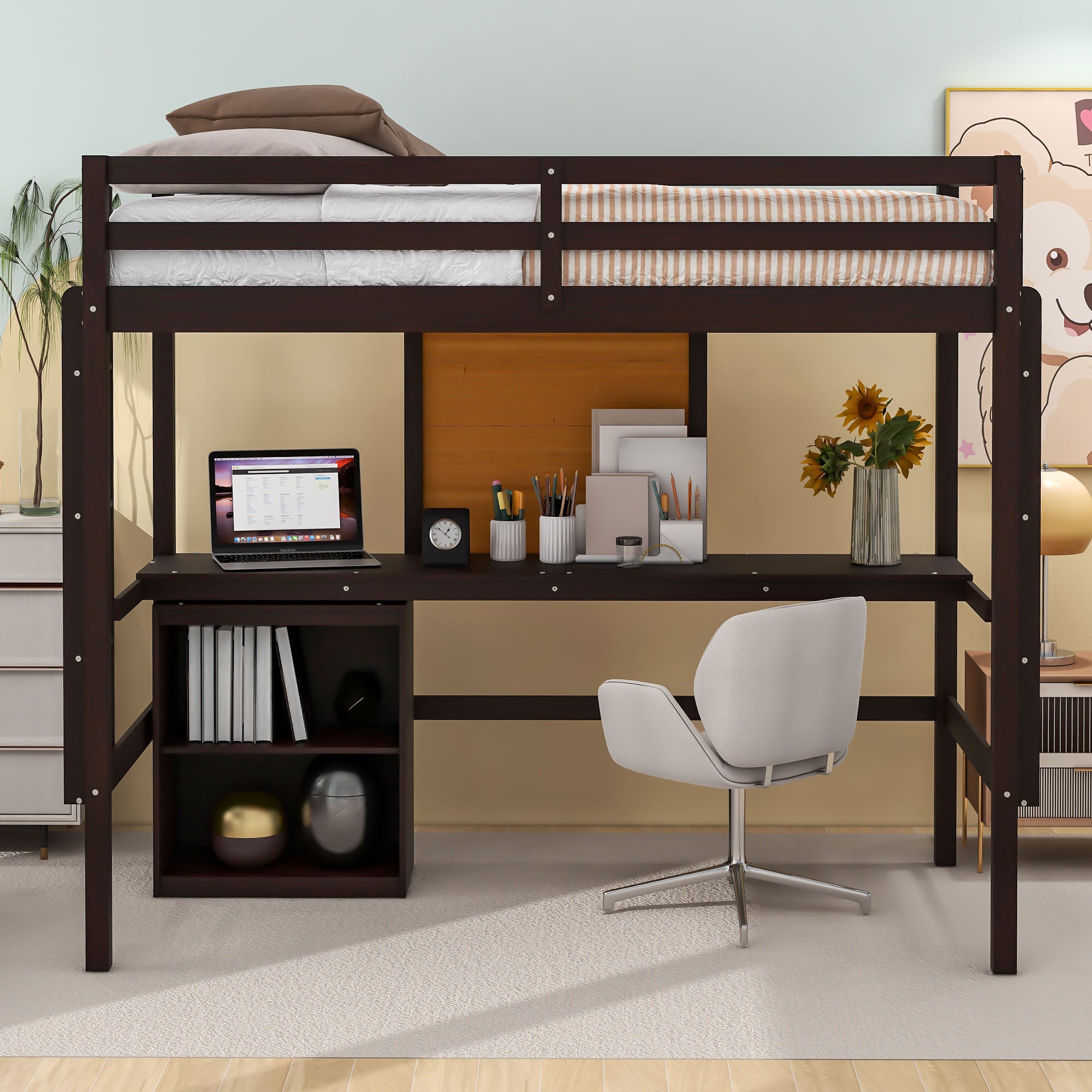 Twin size Loft Bed with Desk and Writing Board, Wooden Loft Bed with Desk & 2 Drawers Cabinet- Espresso