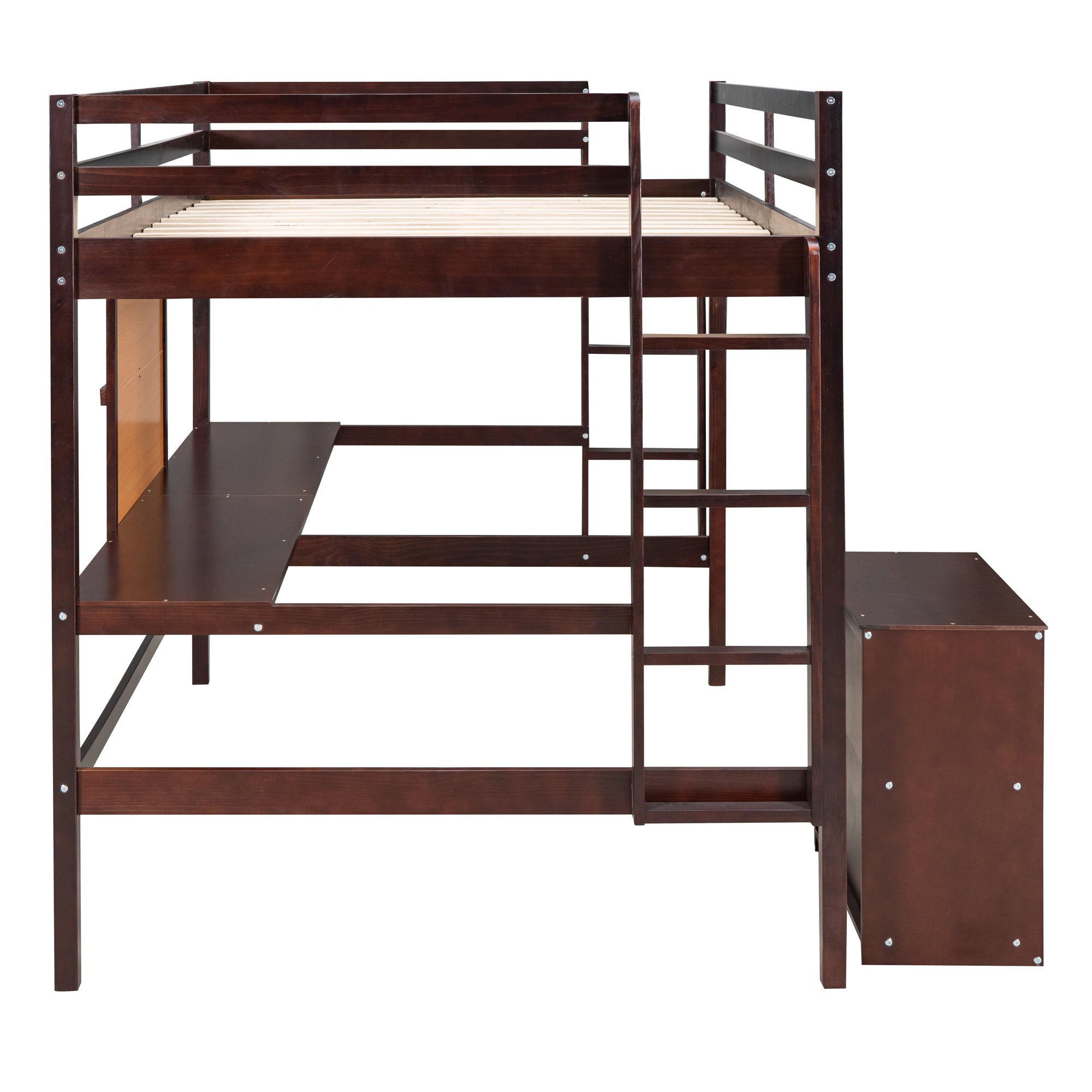 Full size Loft Bed with Desk and Writing Board, Wooden Loft Bed with Desk & 2 Drawers Cabinet- Espresso