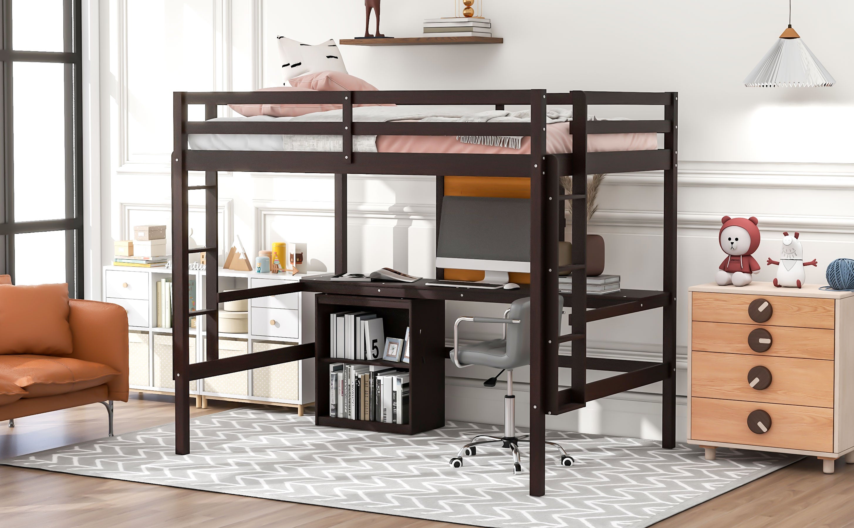 Full size Loft Bed with Desk and Writing Board, Wooden Loft Bed with Desk & 2 Drawers Cabinet- Espresso