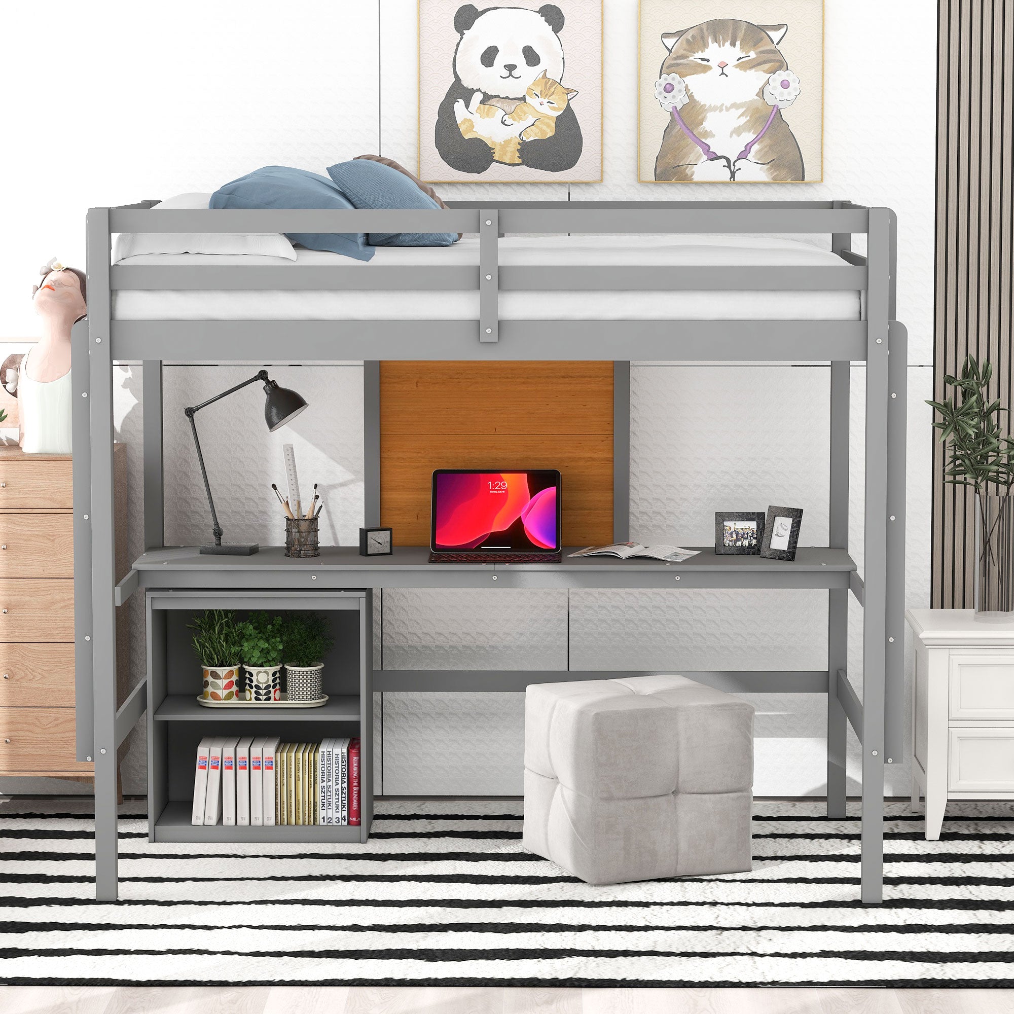 Twin size Loft Bed with Desk and Writing Board, Wooden Loft Bed with Desk & 2 Drawers Cabinet- Gray