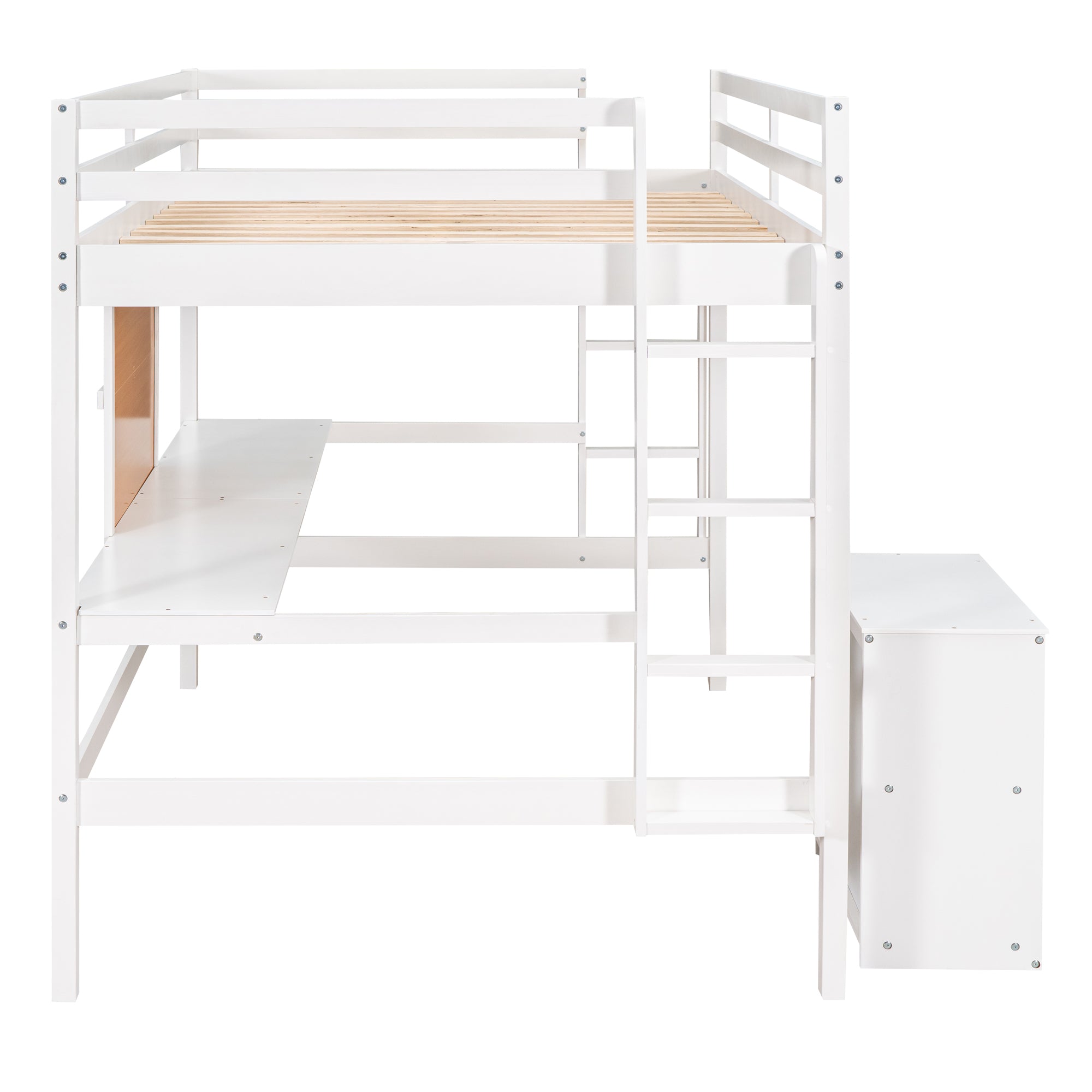 Full size Loft Bed with Desk and Writing Board, Wooden Loft Bed with Desk & 2 Drawers Cabinet- White