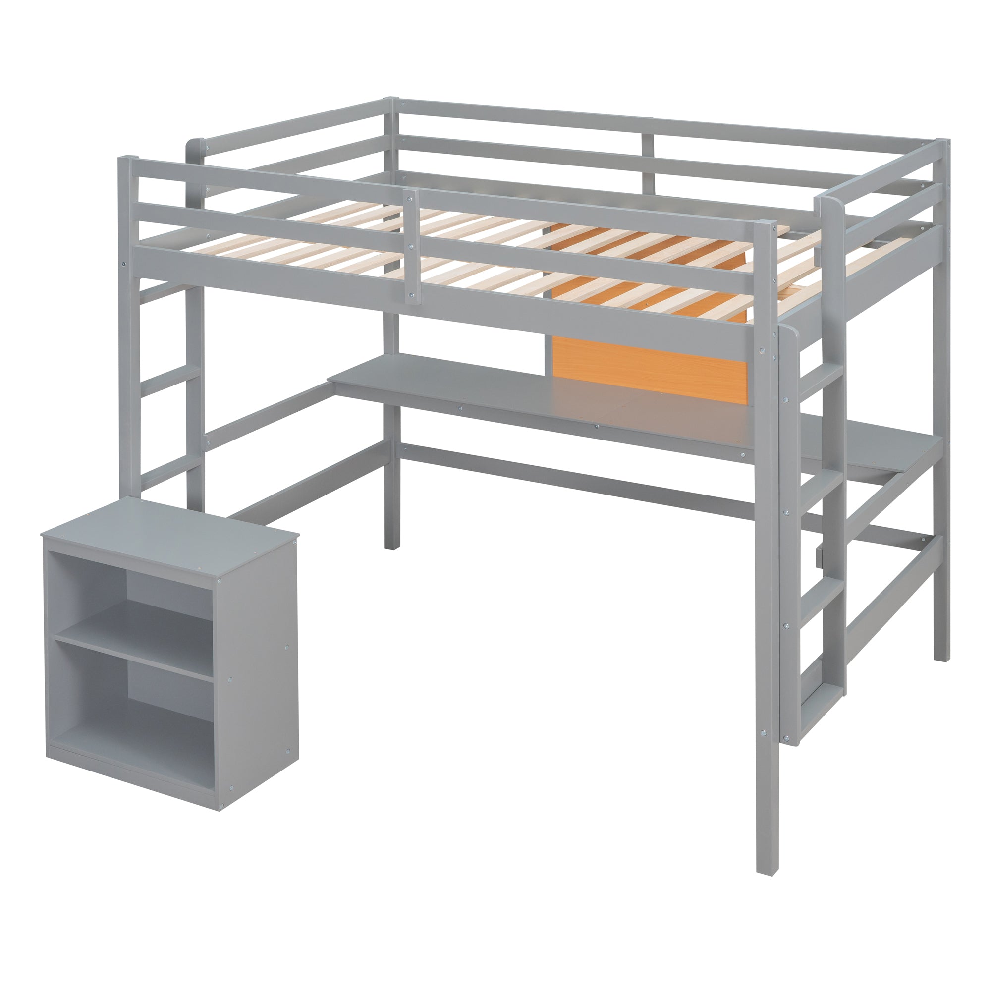 Full size Loft Bed with Desk and Writing Board, Wooden Loft Bed with Desk & 2 Drawers Cabinet- Gray