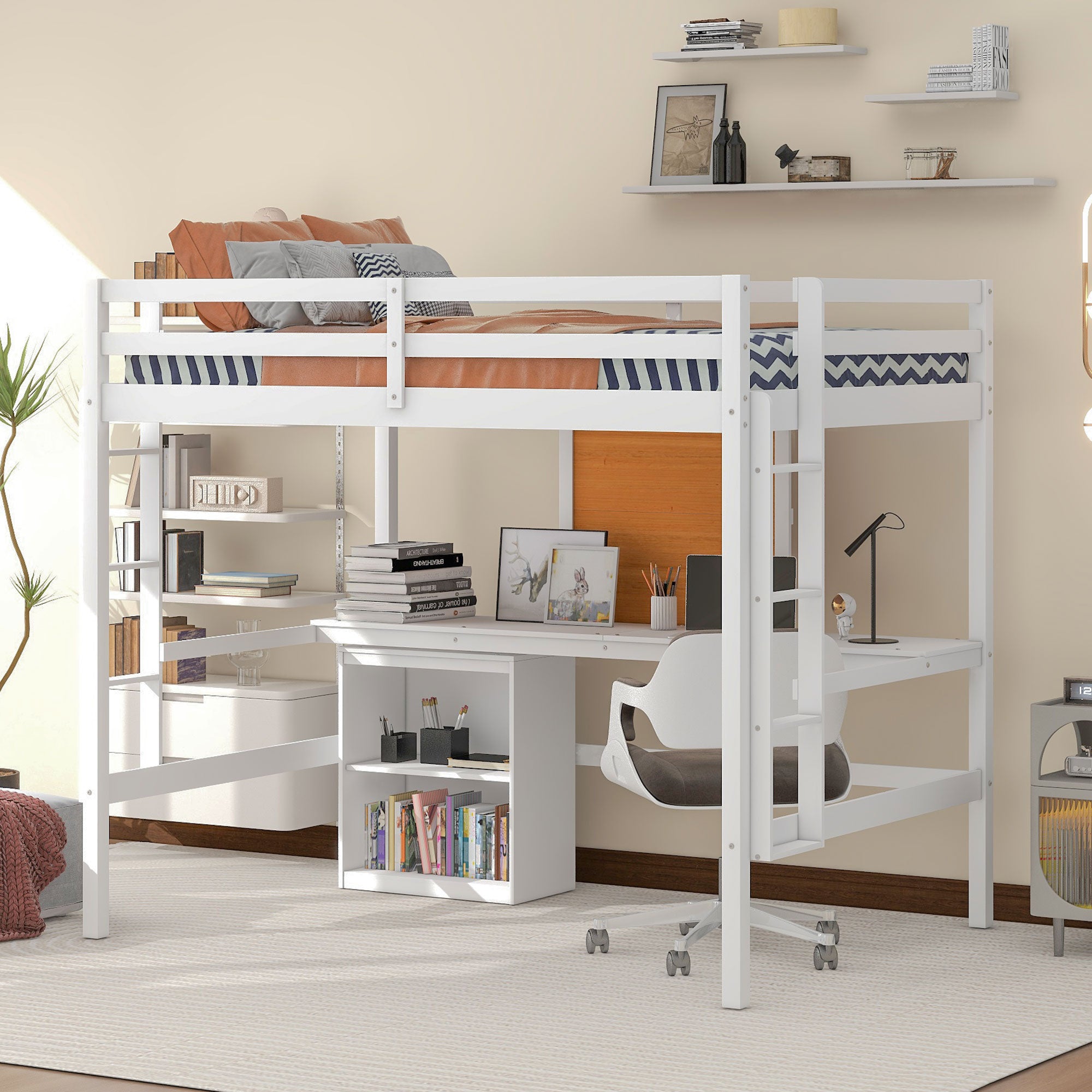 Full size Loft Bed with Desk and Writing Board, Wooden Loft Bed with Desk & 2 Drawers Cabinet- White