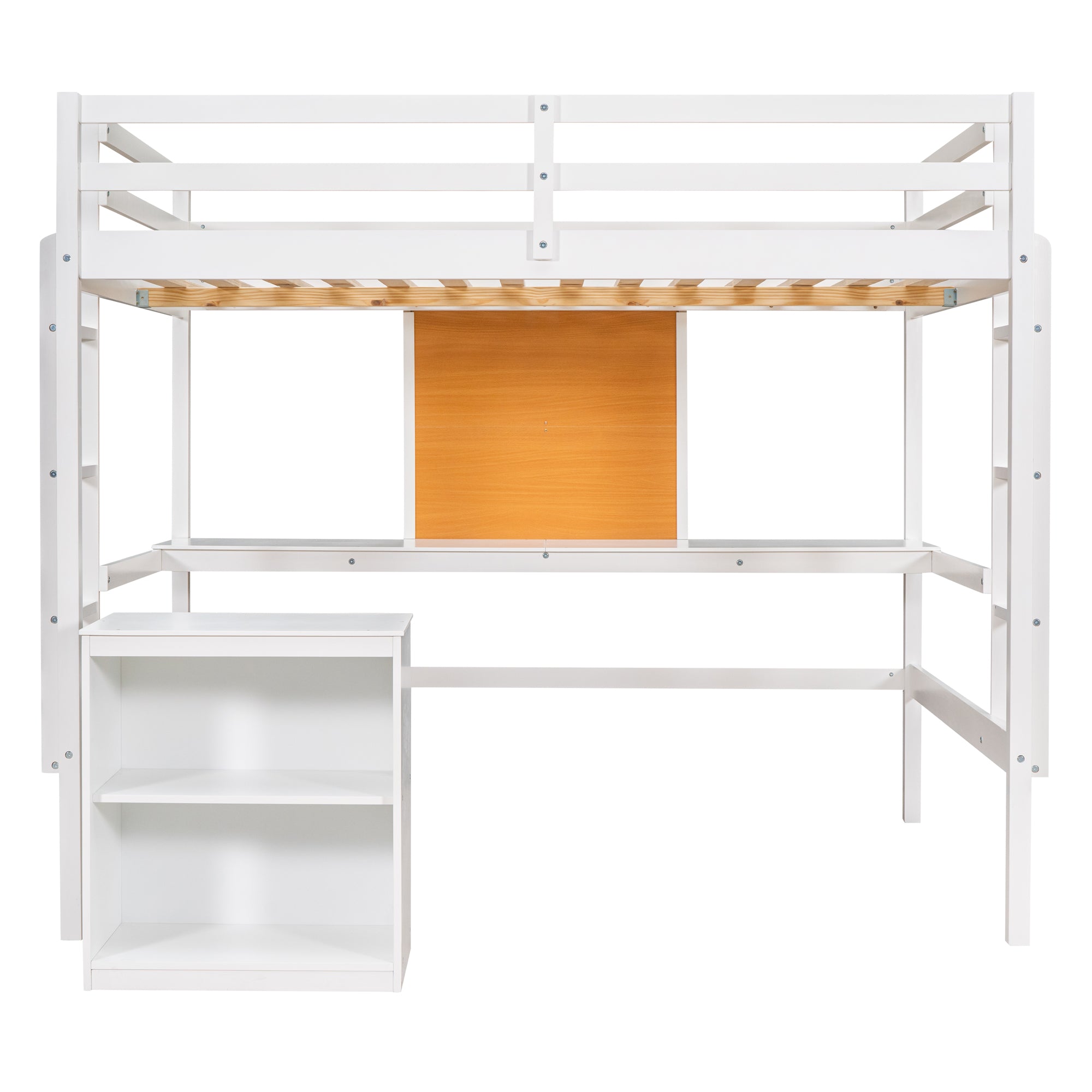 Full size Loft Bed with Desk and Writing Board, Wooden Loft Bed with Desk & 2 Drawers Cabinet- White