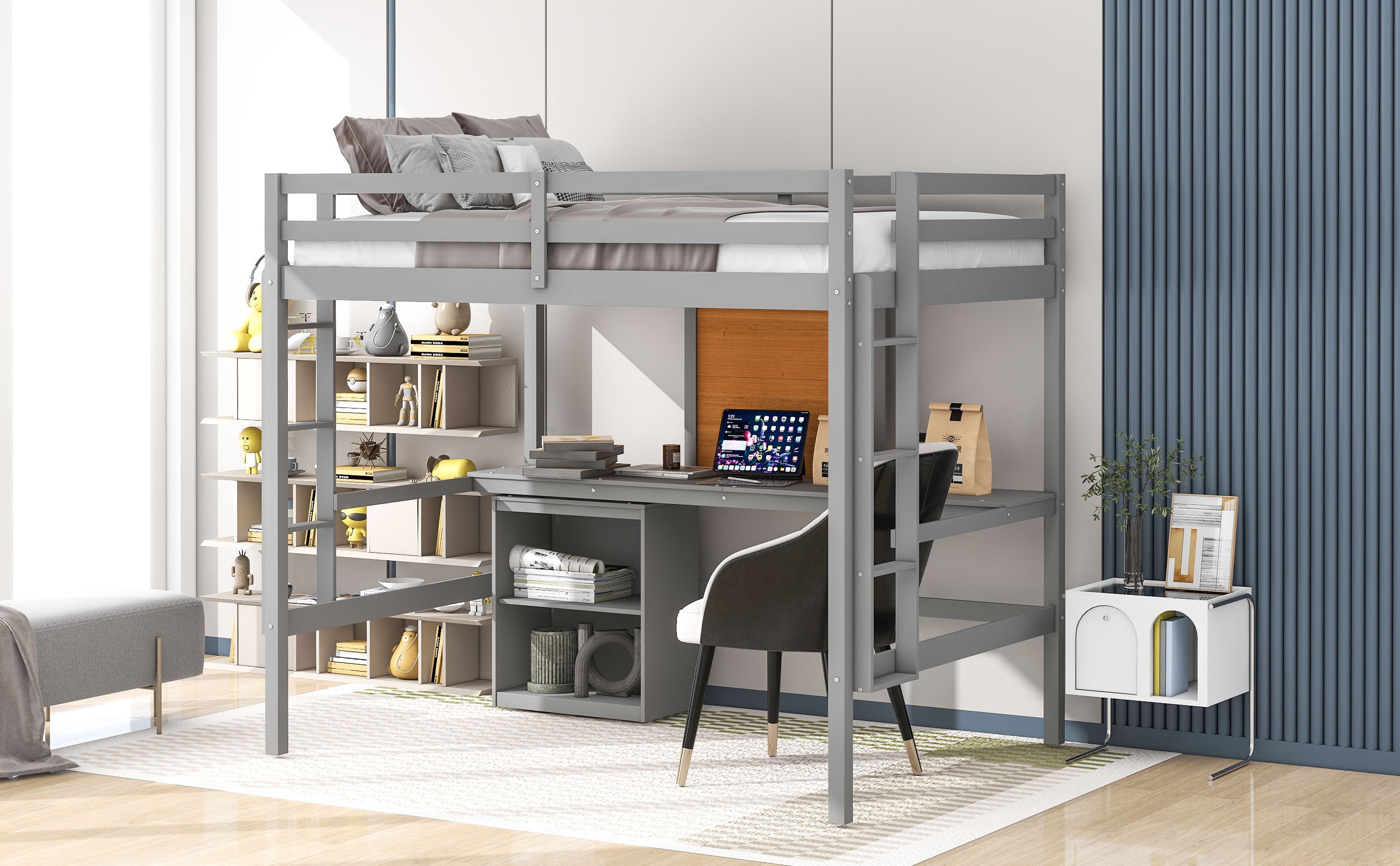 Full size Loft Bed with Desk and Writing Board, Wooden Loft Bed with Desk & 2 Drawers Cabinet- Gray