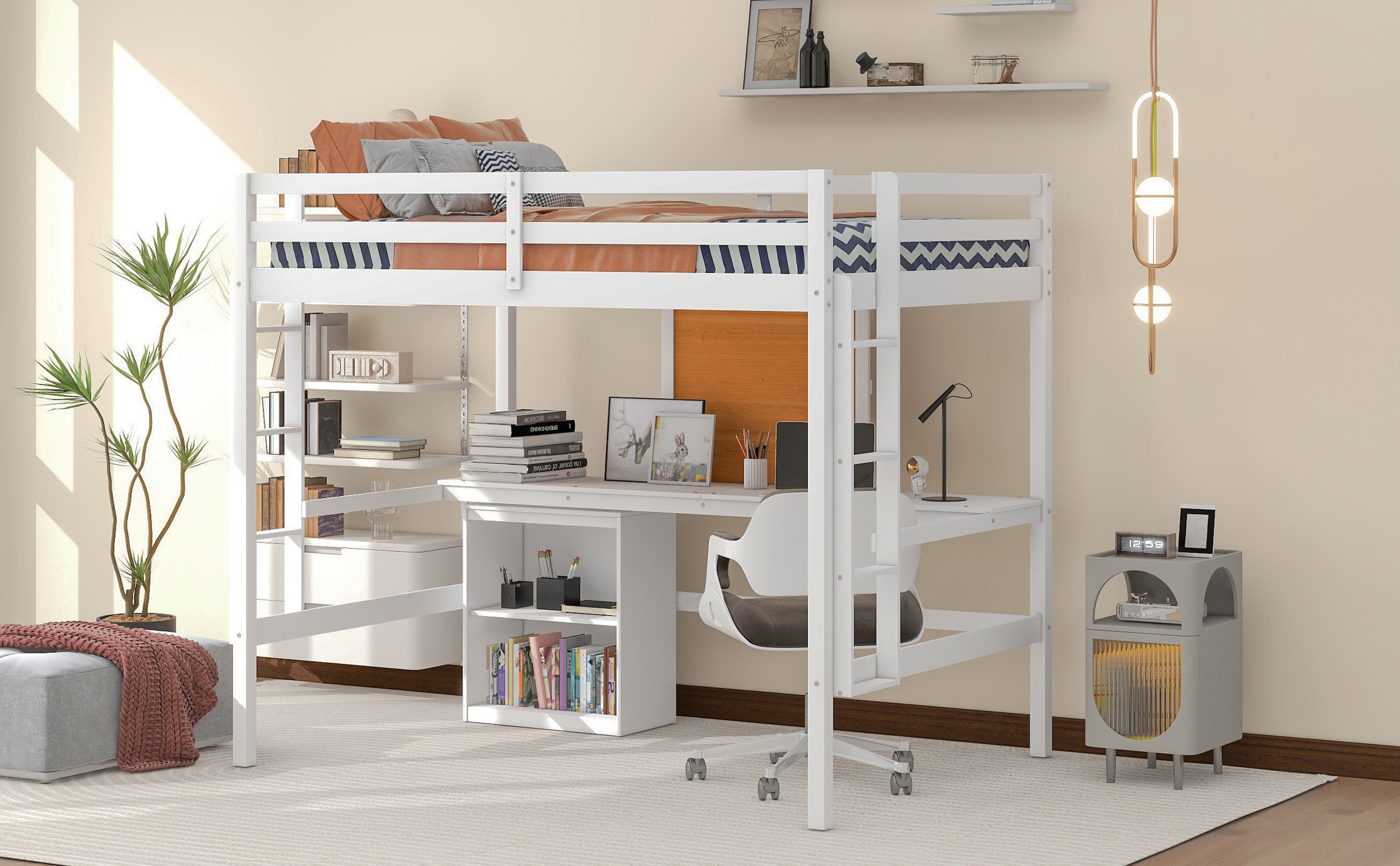 Full size Loft Bed with Desk and Writing Board, Wooden Loft Bed with Desk & 2 Drawers Cabinet- White