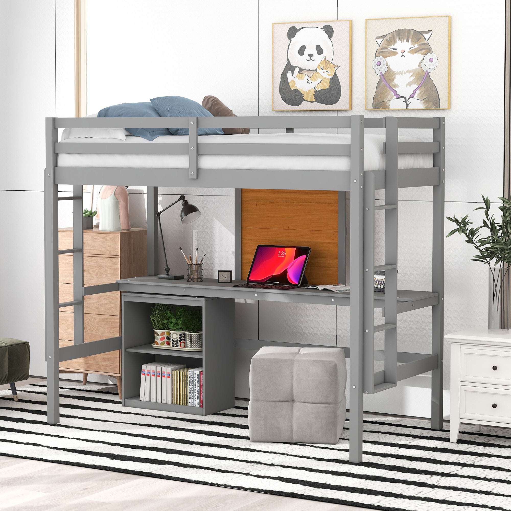 Twin size Loft Bed with Desk and Writing Board, Wooden Loft Bed with Desk & 2 Drawers Cabinet- Gray