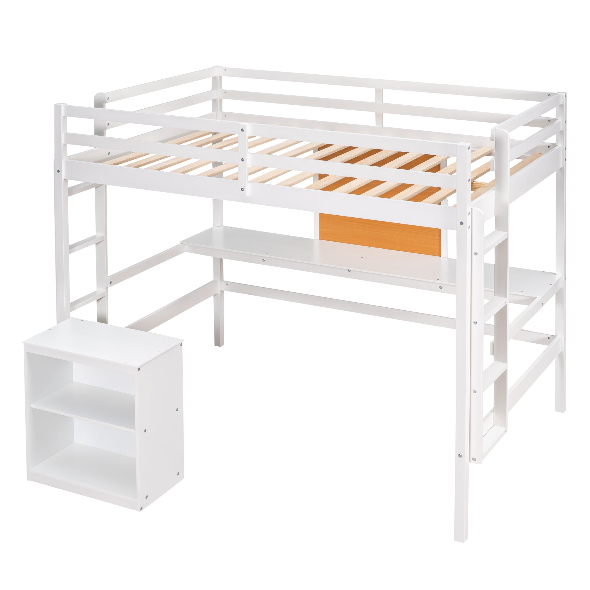 Twin size Loft Bed with Desk and Writing Board, Wooden Loft Bed with Desk & 2 Drawers Cabinet- White