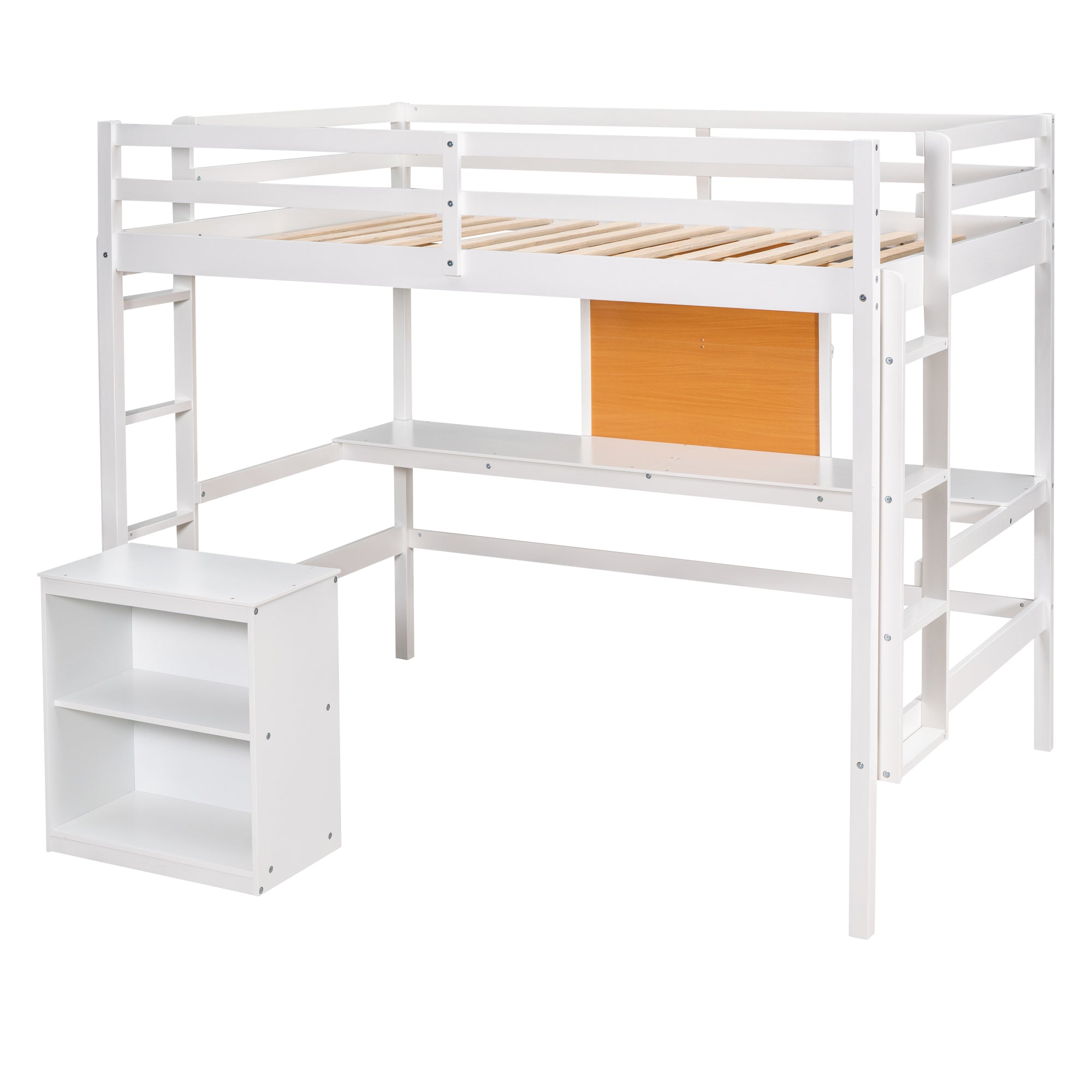 Full size Loft Bed with Desk and Writing Board, Wooden Loft Bed with Desk & 2 Drawers Cabinet- White