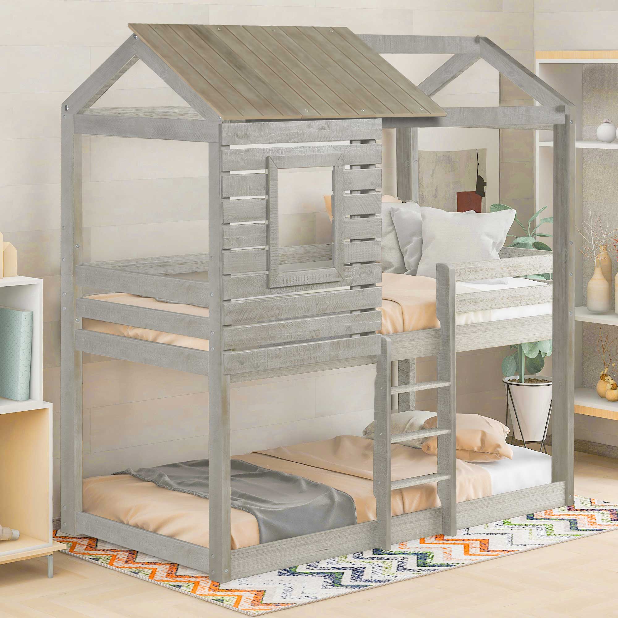 Twin Over Twin Bunk Bed Wood Loft Bed with Roof, Window, Guardrail, Ladder (Antique Gray )